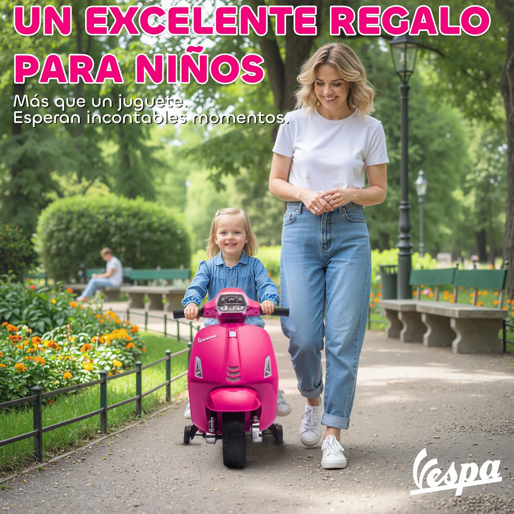 AIYAPLAY Moto Eléctrica para Niños 6V Vespa Licencia, Ruedas Auxiliares 6,9'', 2,5km/h, Faro Bocina, 2-6 Años Rosa