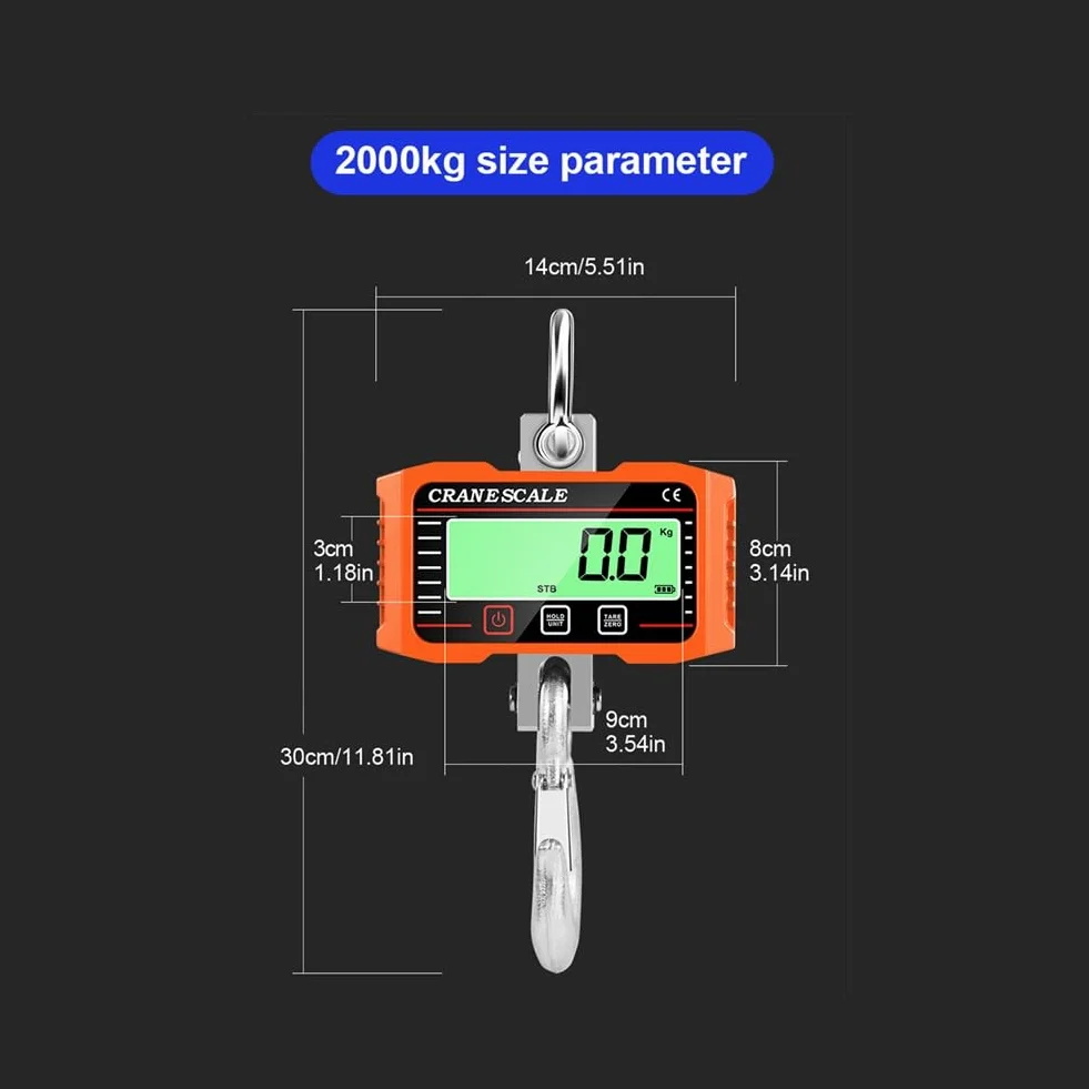 Báscula de Grúa Digital LCD de 2000 KG, Balanza de Pesaje con Gancho de Aleación Resistente Industrial para Cargas Pesadas, Balanza Colgante Lb/Kg