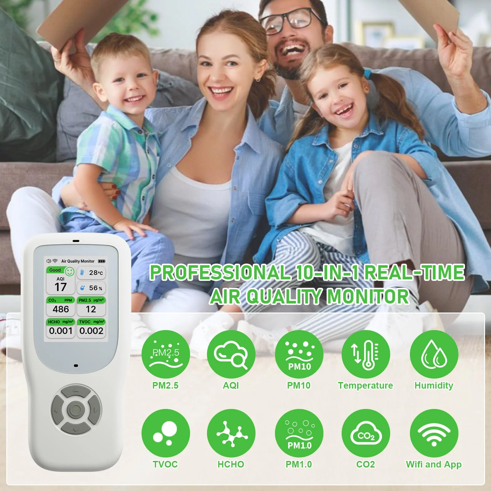 Detector de Calidad del Aire 10 en 1, Monitor de Calidad del Aire WiFi NDIR con AQI/CO2/PM1.0/PM2.5/PM10/HCHO/TVOC, Temperatura y Humedad, Detector de Formaldehído Portátil con APP Inteligente para