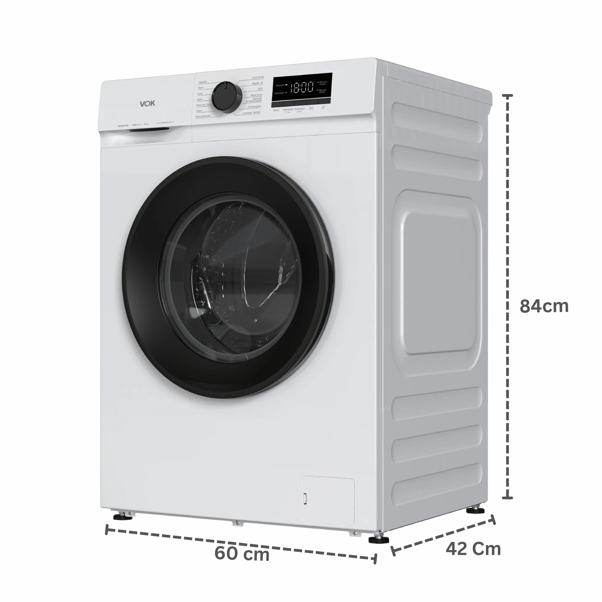 Lavadora VOK EVW-6BAWL2410 6kg 1000 RPM Motor Inverter Clase A Fondo Reducido 42cm Blanca