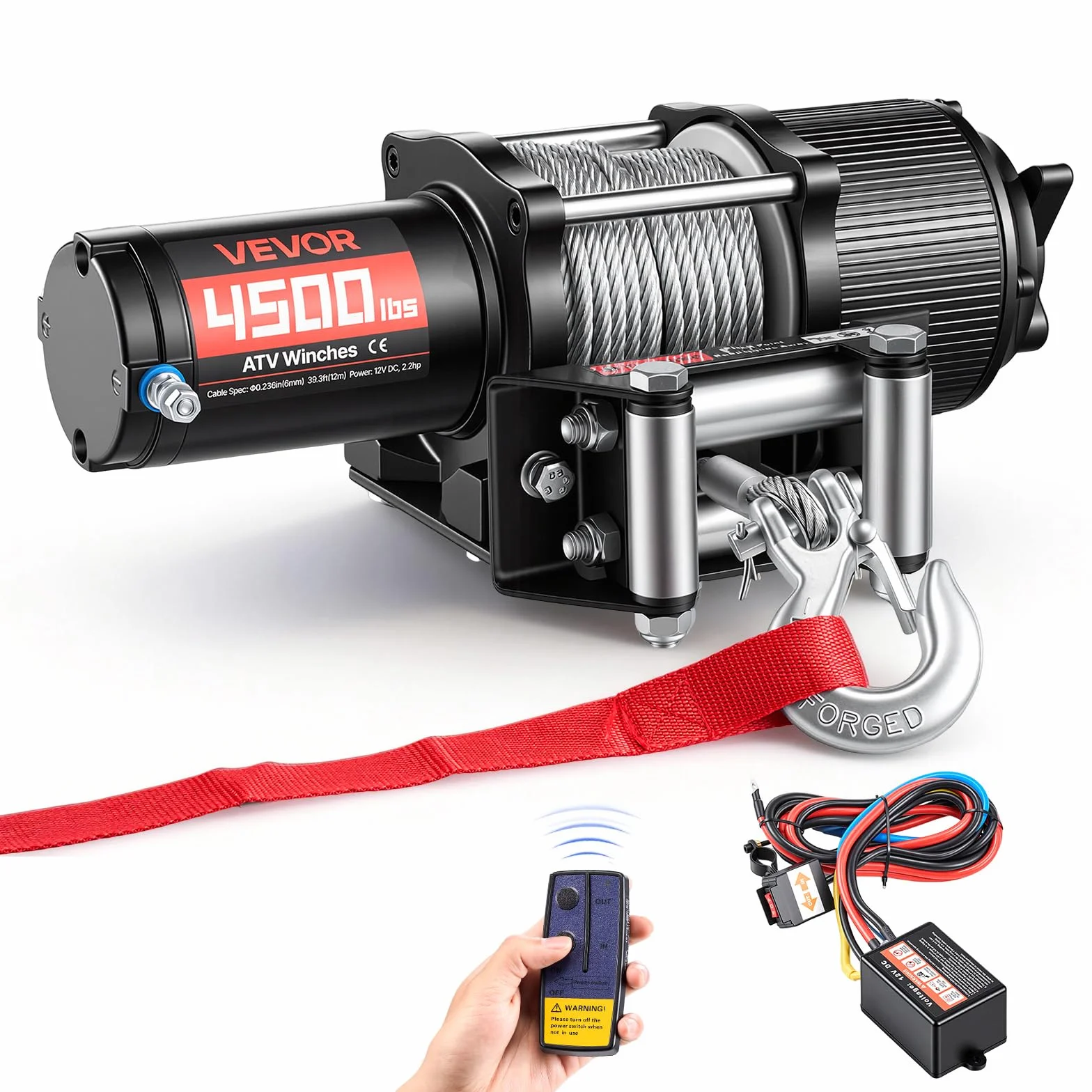 VEVOR Cabrestante Eléctrico 12V 2041 kg para ATV UTV con Cuerda de Acero 6 mm x 12 m, Motor 1,6 kW, IP54, Control Remoto con Cable e Inalámbrico con Guía de Rodillos, Placa de Montaje para Todoterreno