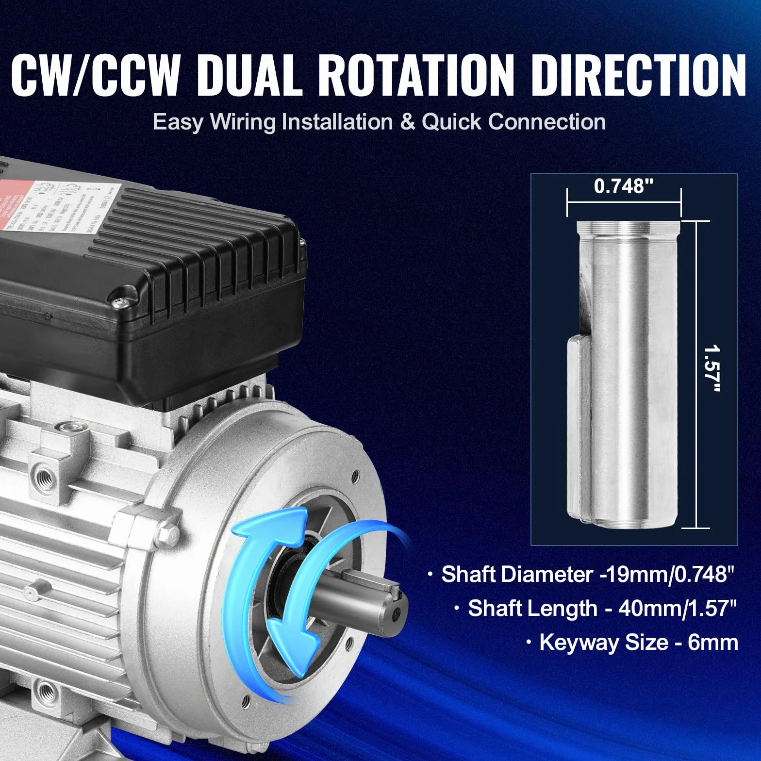 VEVOR Motor Eléctrico 0,75 kW 1400 RPM CA 220~240 V 5,45 A Marco B34 Eje 19 mm Monofásico