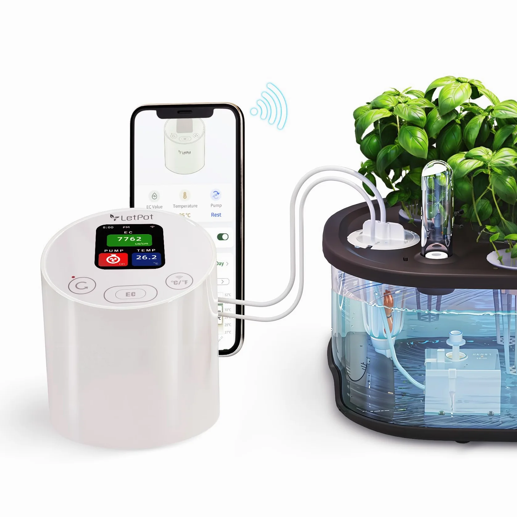 LetPot Medidor de temperatura y CE con aplicación y bomba de agua, sonda electrolítica multicapa, recordatorio de falta de agua, medidor de conductividad para sistemas hidropónicos y cultivo de