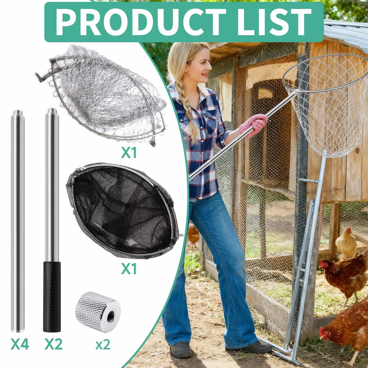 Redes para pollos, 2 unidades, telescópicas para atrapar pollos, red de pesca para aves de corral, barra retráctil de 80 – 240 cm, atrapador de aves para pollo, patos, gansos, pavos, gatos, pájaros