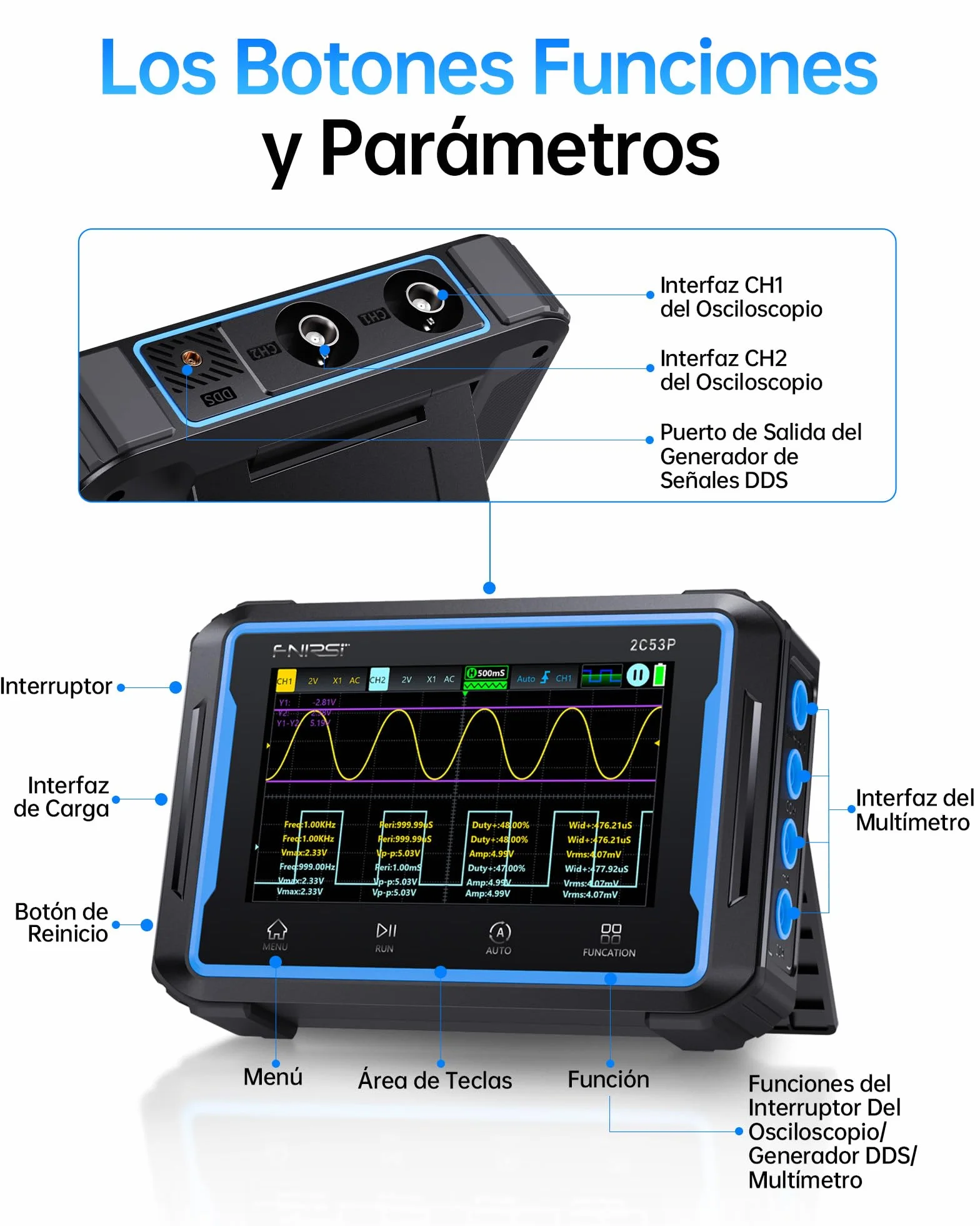 FNIRSI 2C53P Osciloscopio Portátil para Tableta, Multímetro, Generador de Señal DDS 3 en 1, Osciloscopio Automotriz de 2CH*50MHz, 19999 Recuentos, Muestreo de 250 MS/s, Pantalla Táctil de 4,3 Pulgadas