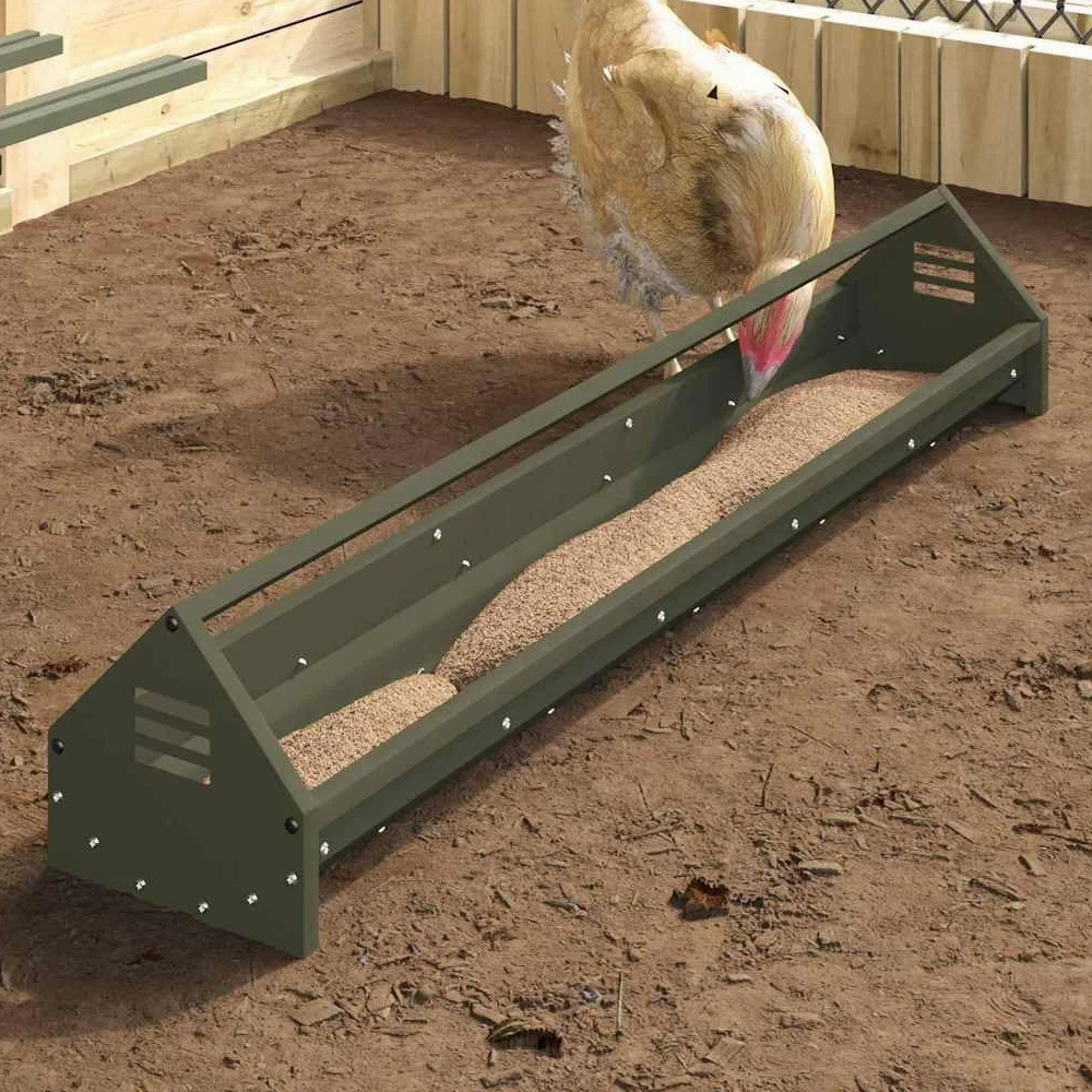 Comedero gallinas de acero verde oliva 108 x 20,5 x 20 cm, gran tamaño con barra transversal y agujeros de drenaje, para gallinero interior y exterior