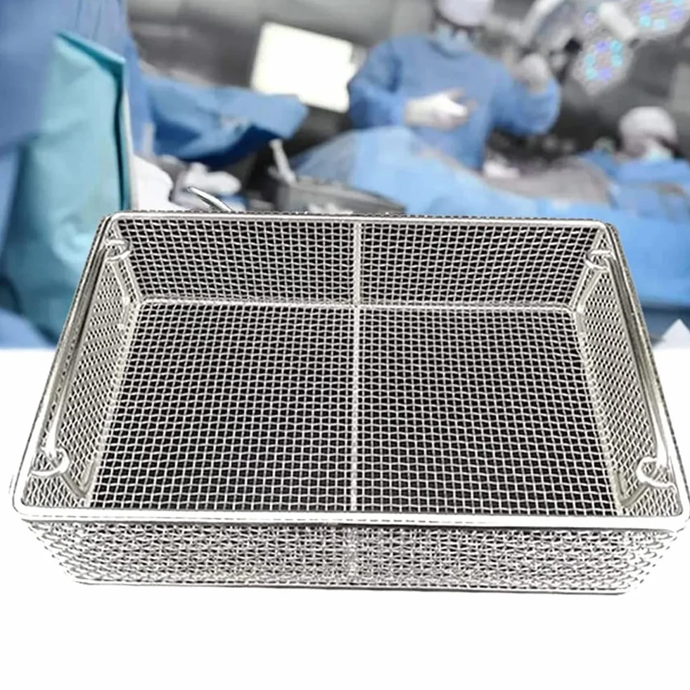 Cesta de desinfección de Equipos médicos de Acero Inoxidable 304, Bandeja de esterilización de Acero Inoxidable para Hospital con Mango retráctil,30 * 20 * 10cm