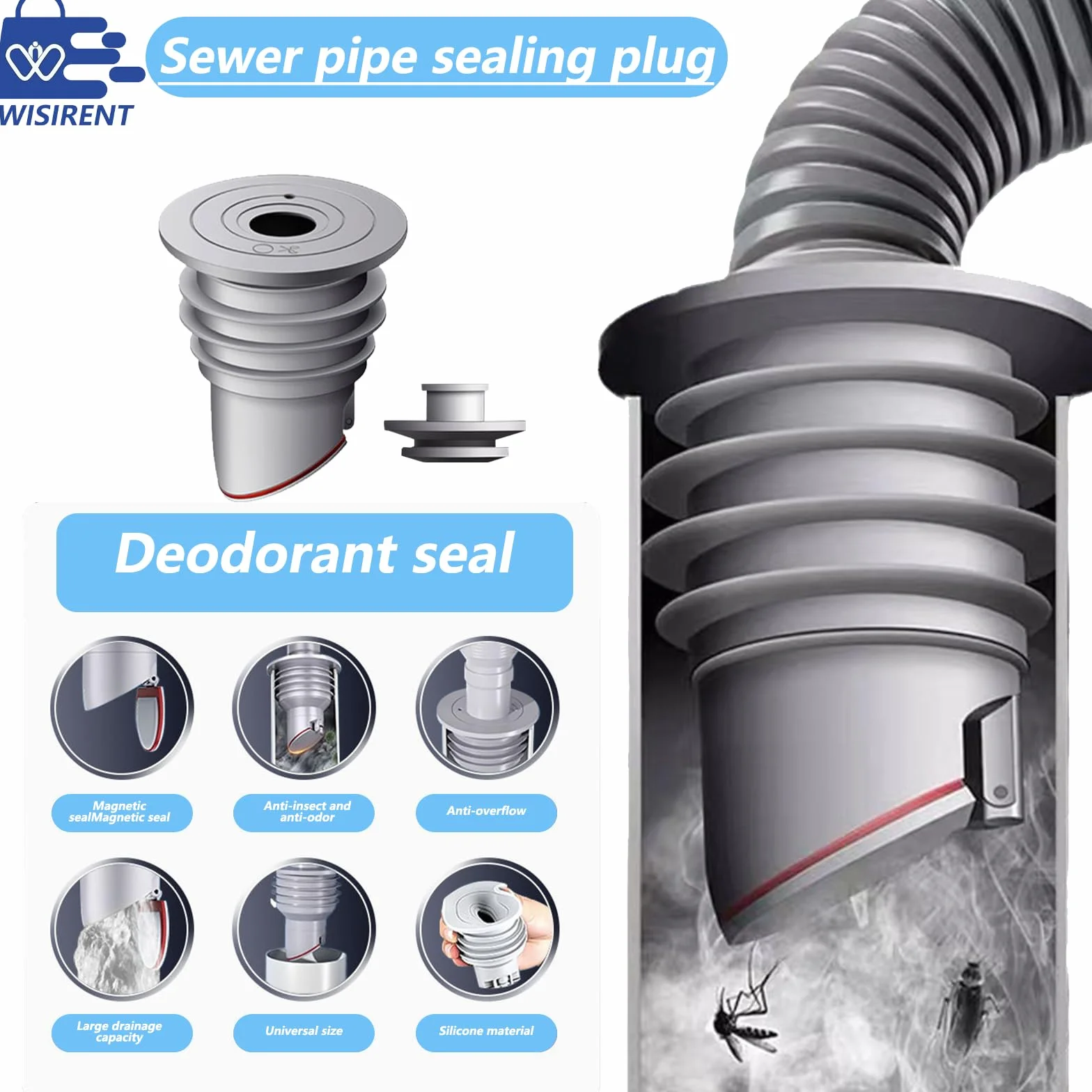 Sello de Tubería de Lavadora WISIRENT 35-40mm Gris Silicona Desodorante