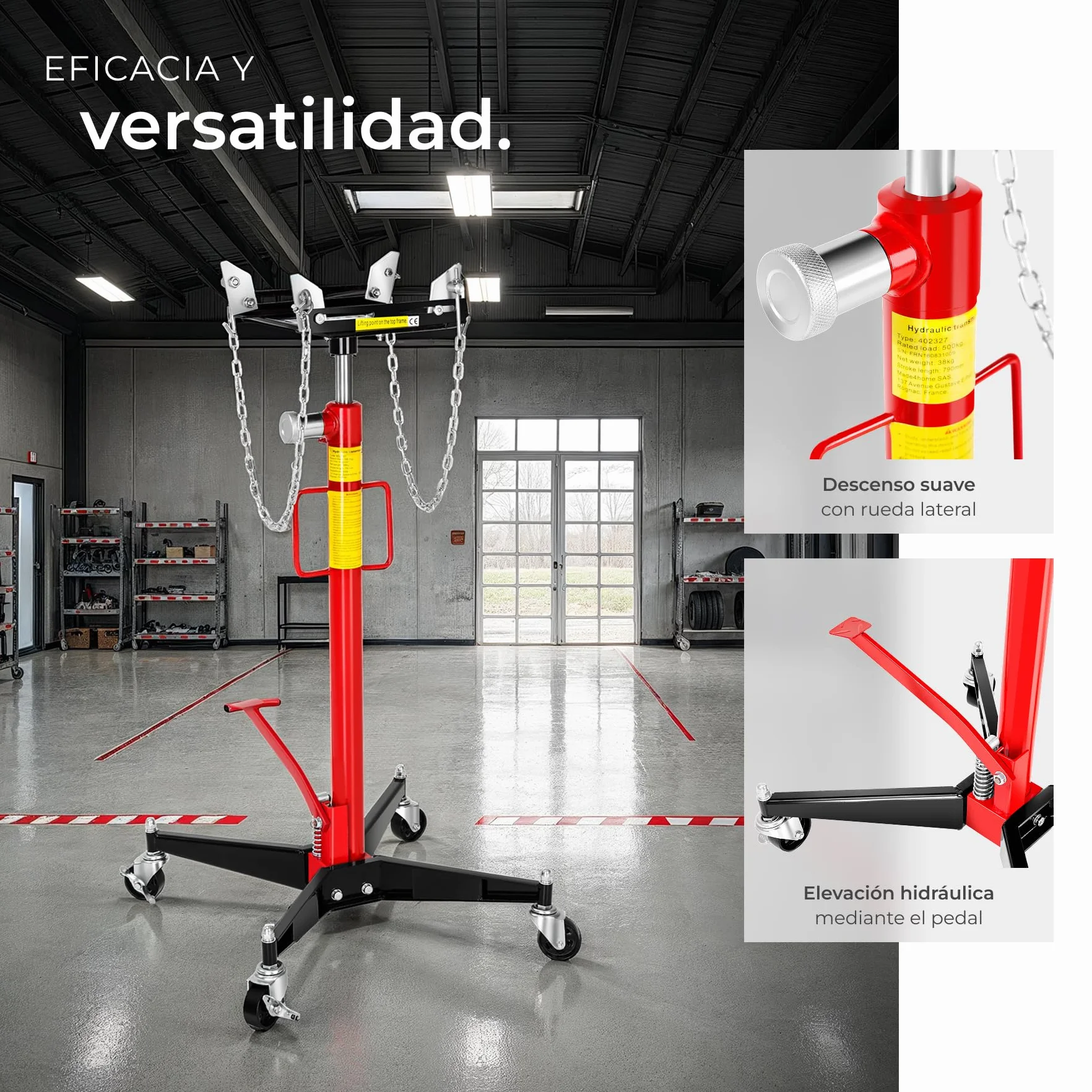 tectake® Gato Hidráulico, Soporte Motor, Gato de Foso, Gato Hidráulico Coche, Herramientas Taller Mecánico, Gato Elevador, Soporte Motor Coche - Carga hasta 500 kg, Altura de 113-192 cm
