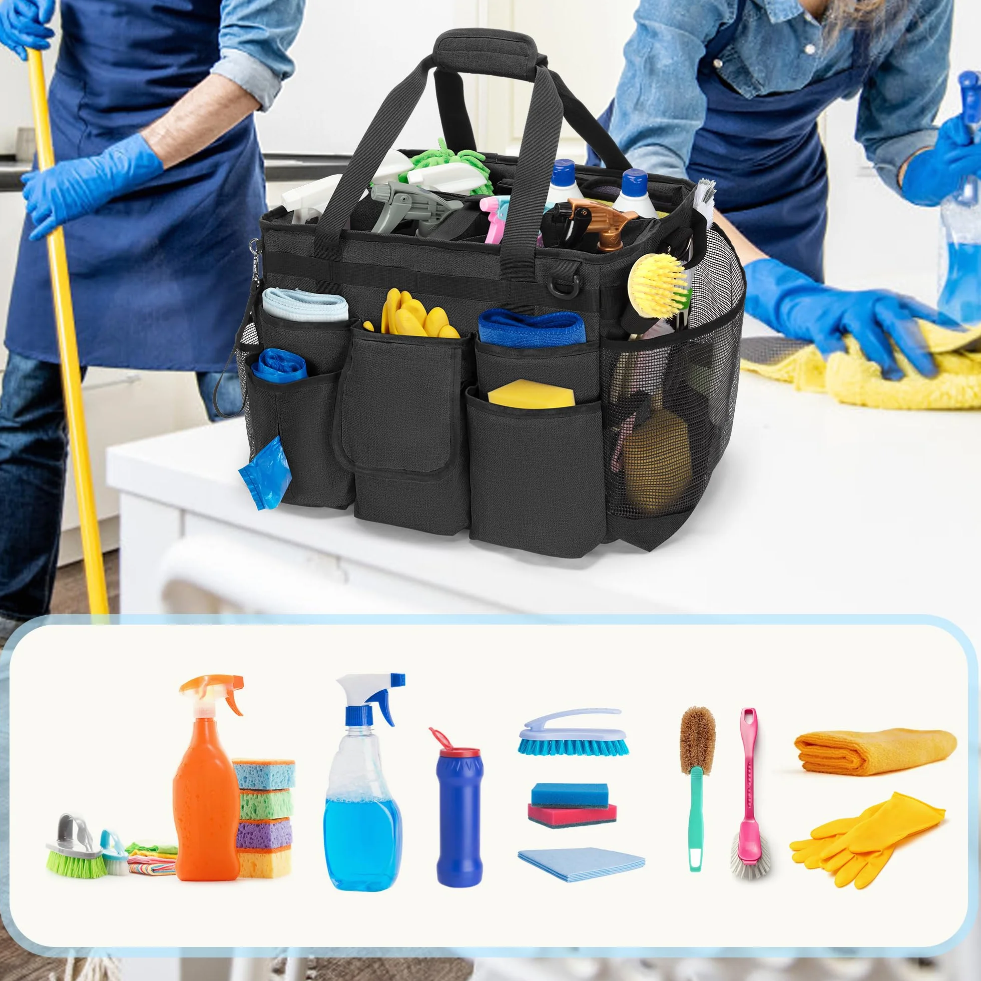 LoDrid Carrito de Limpieza rodante con Carrito Desmontable, Carrito de Limpieza portátil con Ruedas para Suministros de Limpieza, Bolsa de Limpieza Profesional con Correa para el Hombro para amas de