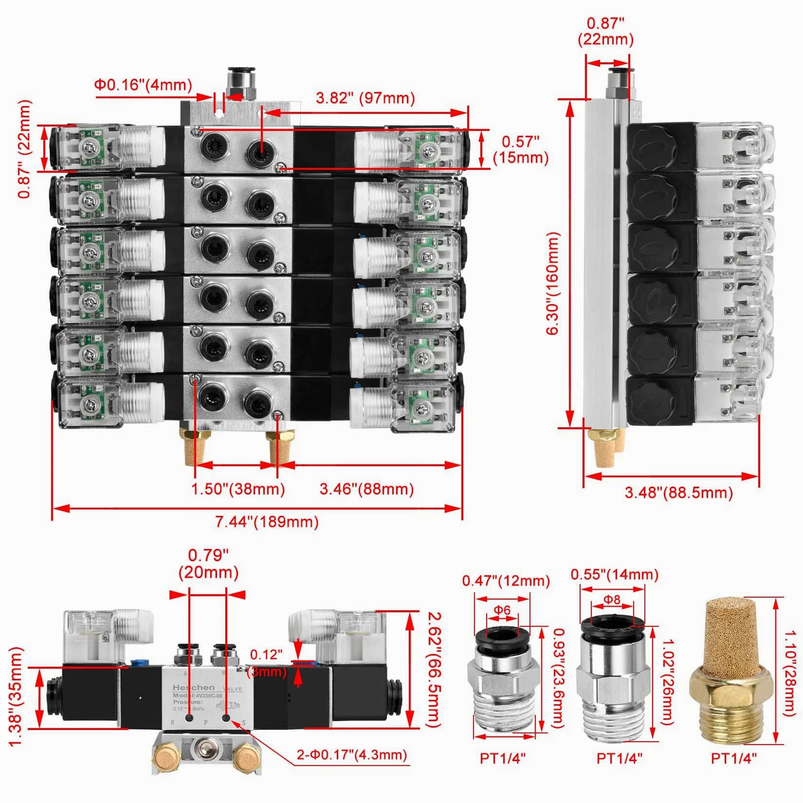 Heschen Válvula solenoide neumática eléctrica 6, 4V230C-08, 12VDC, PT1/4, 5 vías 3 posición, base del colector, silenciador, conjunto de accesorios rápidos, CE
