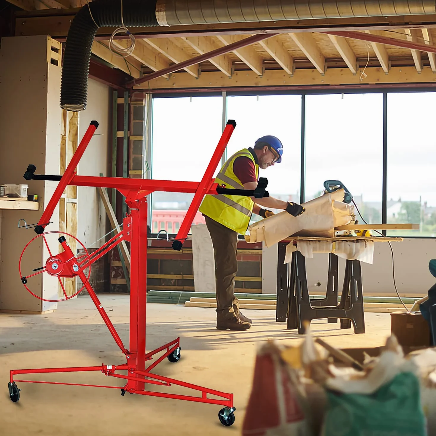 Fiqops XXL elevador de placas hasta 68 kg para placas de yeso, altura de trabajo de 140-350 cm ajustable, brazo de carga de hasta 290 cm de ancho, rojo