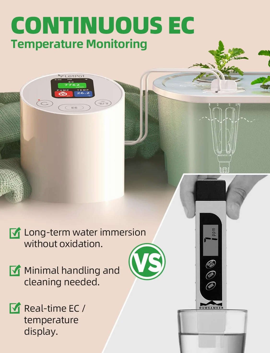 LetPot Medidor de temperatura y CE con aplicación y bomba de agua, sonda electrolítica multicapa, recordatorio de falta de agua, medidor de conductividad para sistemas hidropónicos y cultivo de
