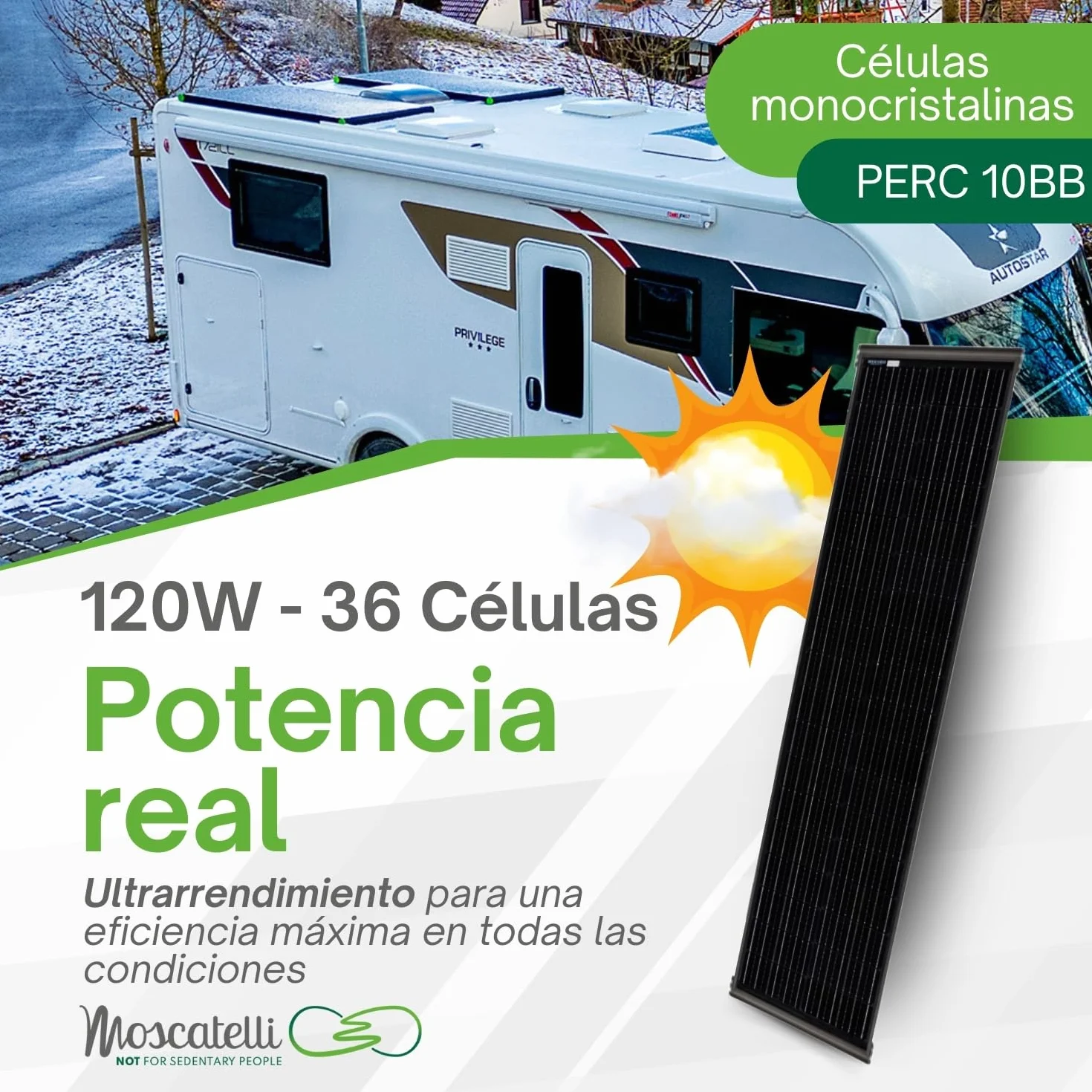 MOSCATELLI Placa Solar 120W SLIM Black Boost Monocristalino PERC kit solar completo para Camper con Perfil Integrado de Aluminio Negro para Montaje en el Techo - SIN REGULADOR
