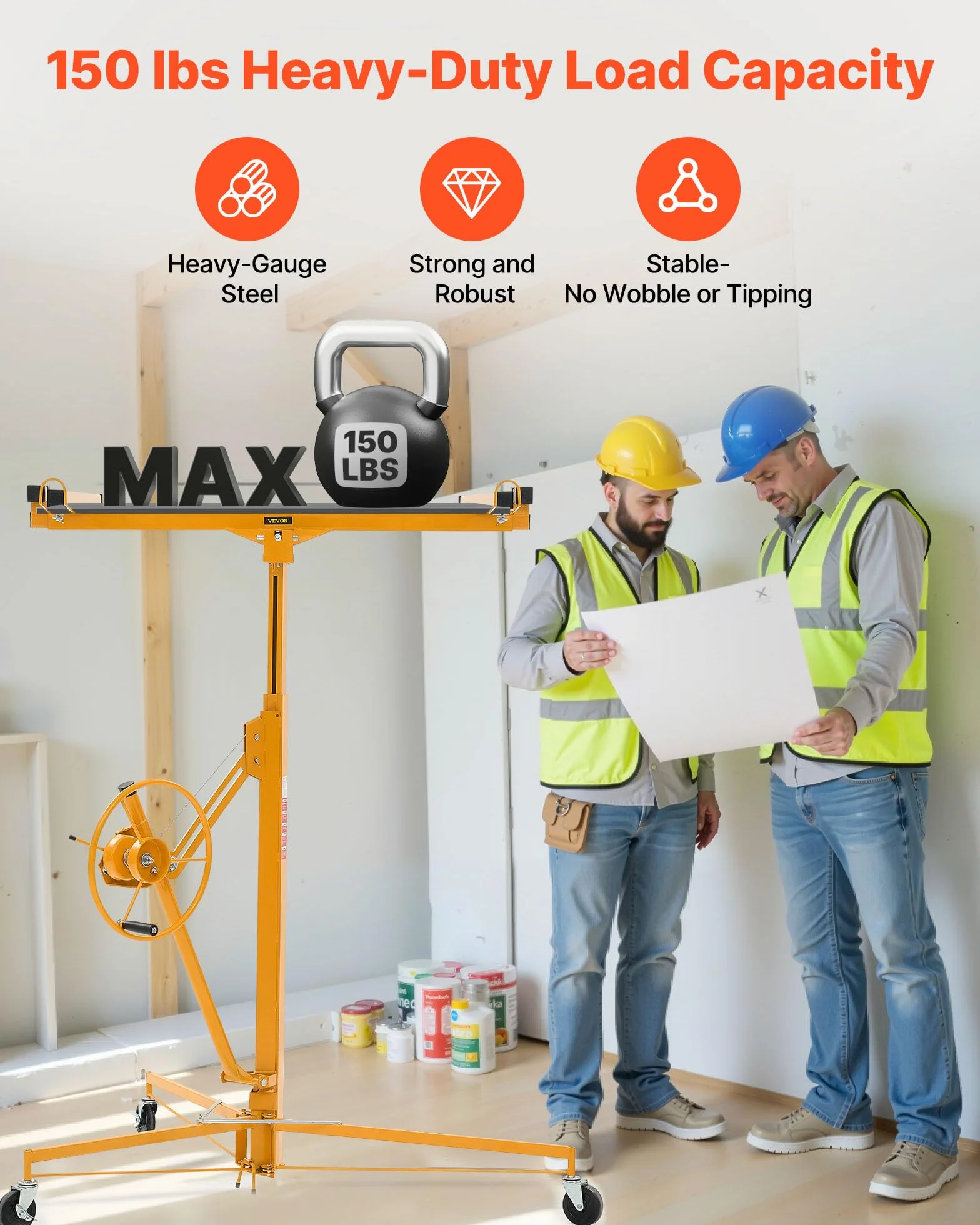 VEVOR Elevador de Placas de Yeso, con Brazo Telescópico Ajustable 1245–2921 mm, Capacidad de Carga de 68 kg, Altura de 3353 mm, para Montaje en Techo y Pared, 1530 x 1530 x 1450 mm, Amarillo