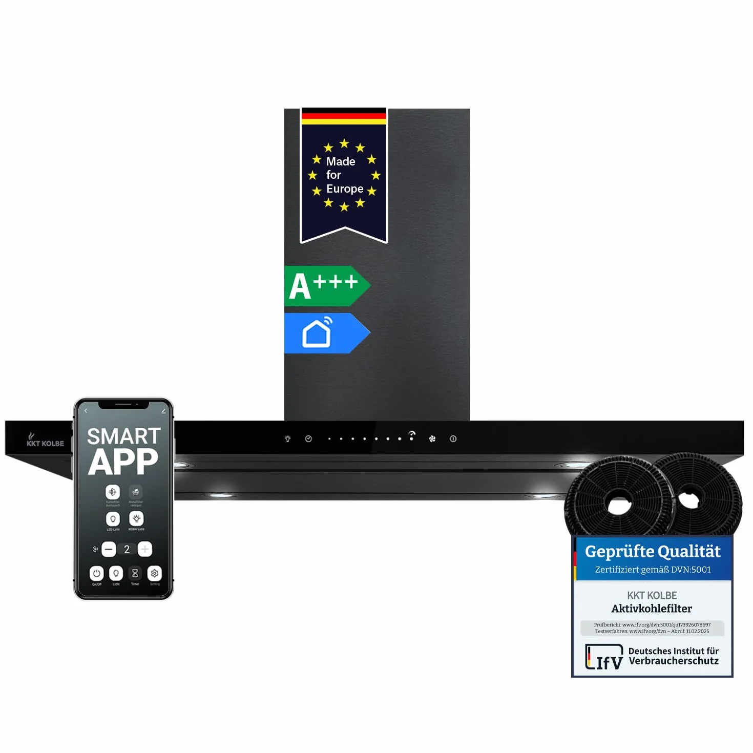 KKT KOLBE Campana 90 cm 680 m³/h Smart WiFi WLAN App Automatic SensorTouch Filtro de carbón FLAT-ISLAND-6S