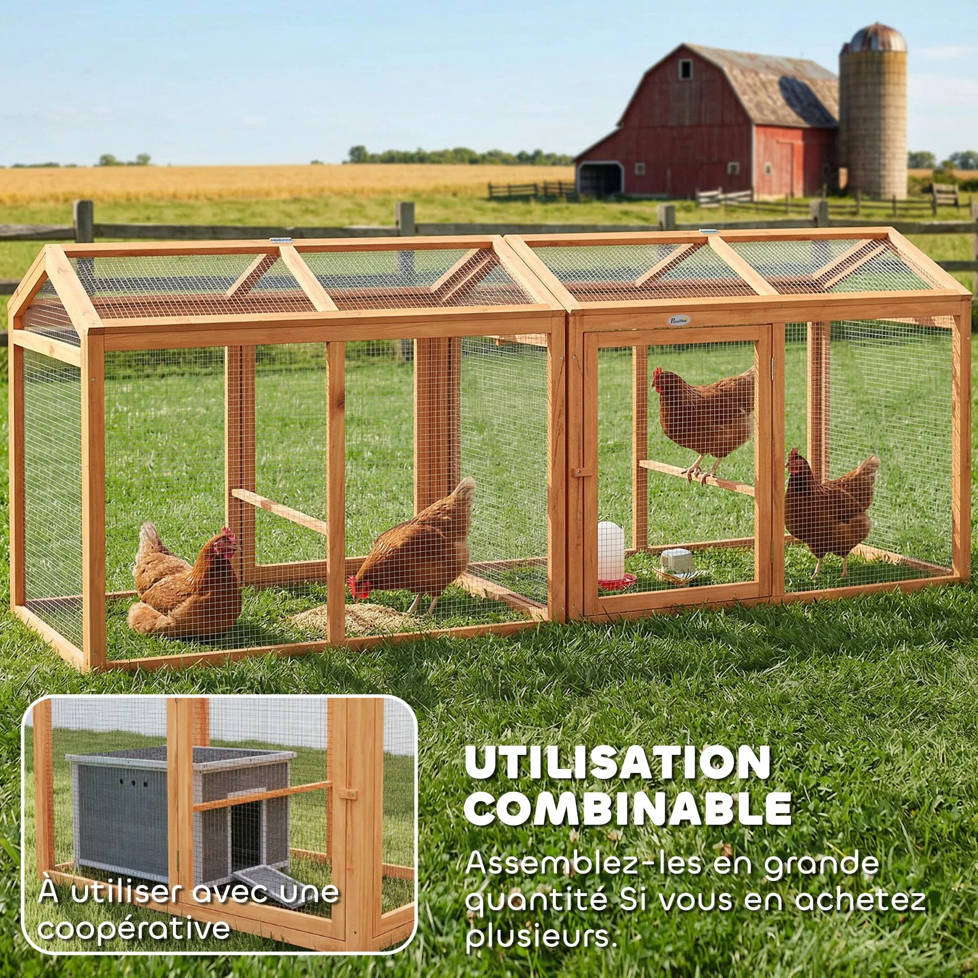 PawHut Recinto - Gallinero combinable, 2 gallinas, 104 x 70,5 x 84 cm, color naranja | Madera Natural, Parque De Malla Modular Y Extensible, Gallinero De Protección, Malla Densa, Ampliación Recinto De Gallina