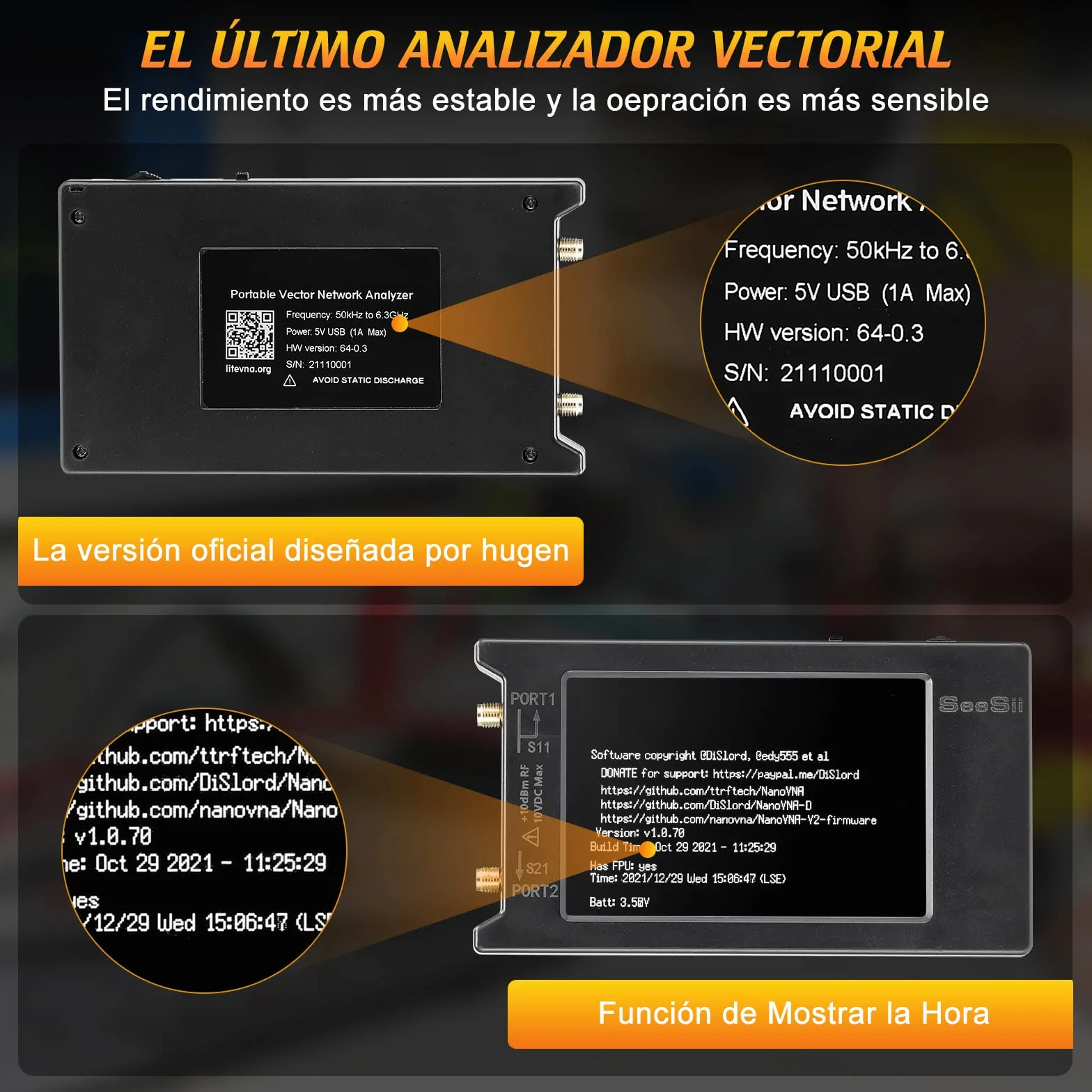 Seesii LiteVNA Analizador de Redes Vectoriales, 4'' Analizador de Antenas 50kHz-6,3GHz Soporta Almacenamiento de Datos para S Parámetros HF VHF UHF SWR Retraso de Fase Smith Chart