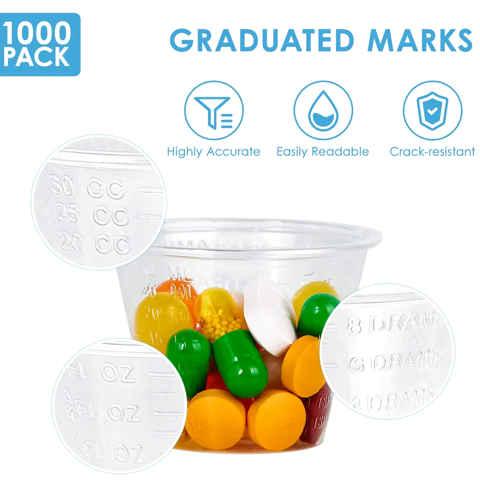 Paquete de 1000 vasos desechables para medicina (1 onza), tazas medidoras de plástico médico para fines médicos, o mezclar y medir resina, epoxi, artes y manualidades, pintura, cocina