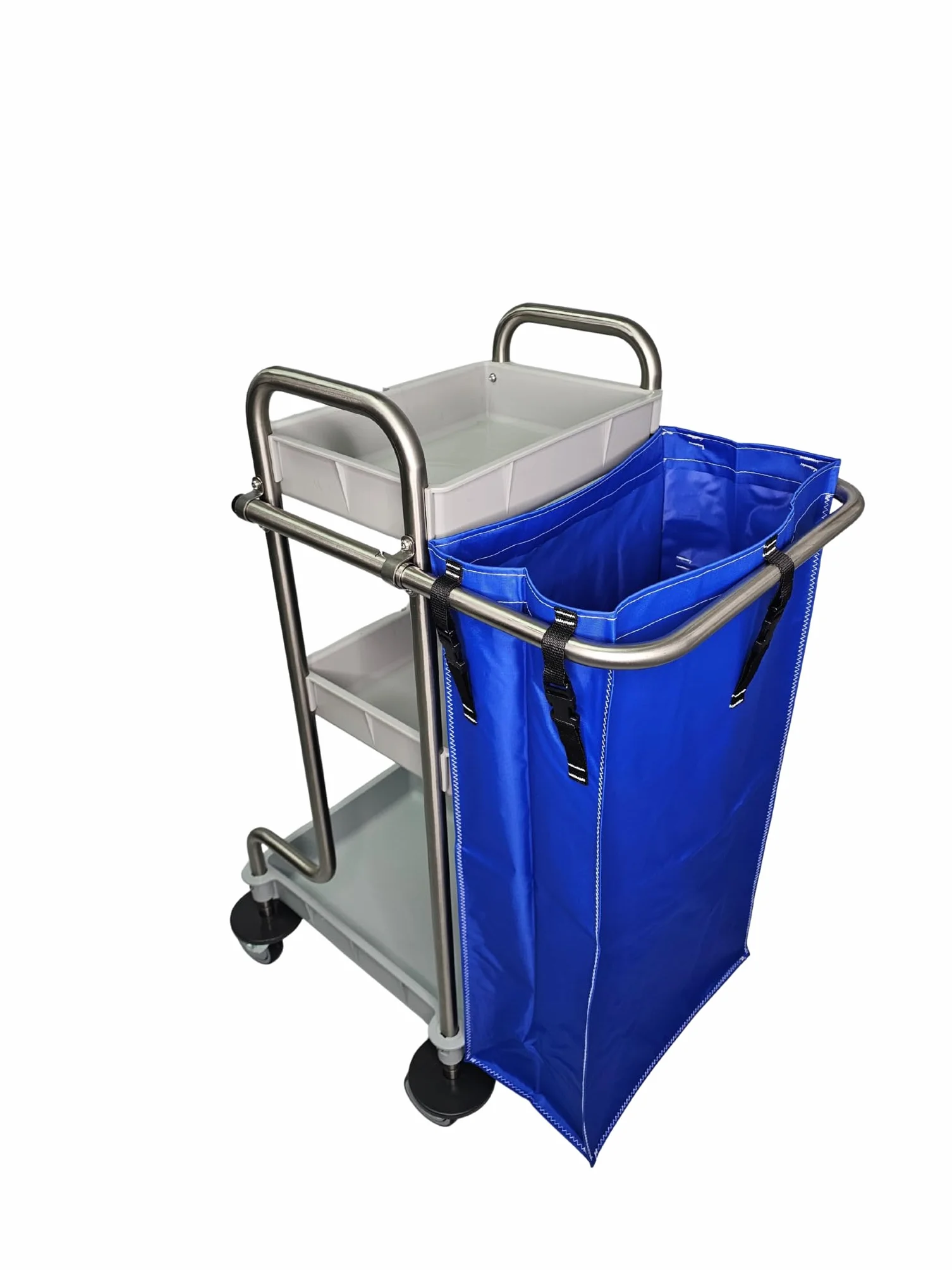 Carro de Limpieza Profesional Acero INOX 18/8 con 3 ESTANTES de Polipropileno, Ruedas de 100mm con Protector y Bolsa de 70L