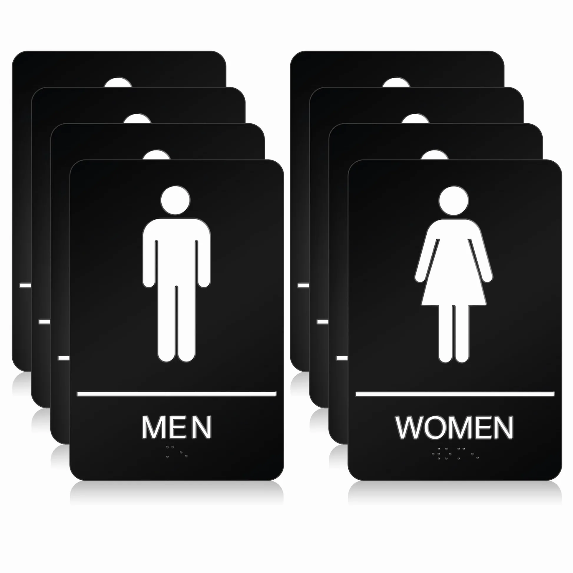 ADA Braille - Letrero de baño para hombres y mujeres para negocios, 9 x 6 pulgadas, paquete de 4, letrero de baño de plástico ABS con cinta fuerte de doble cara para oficinas y restaurantes