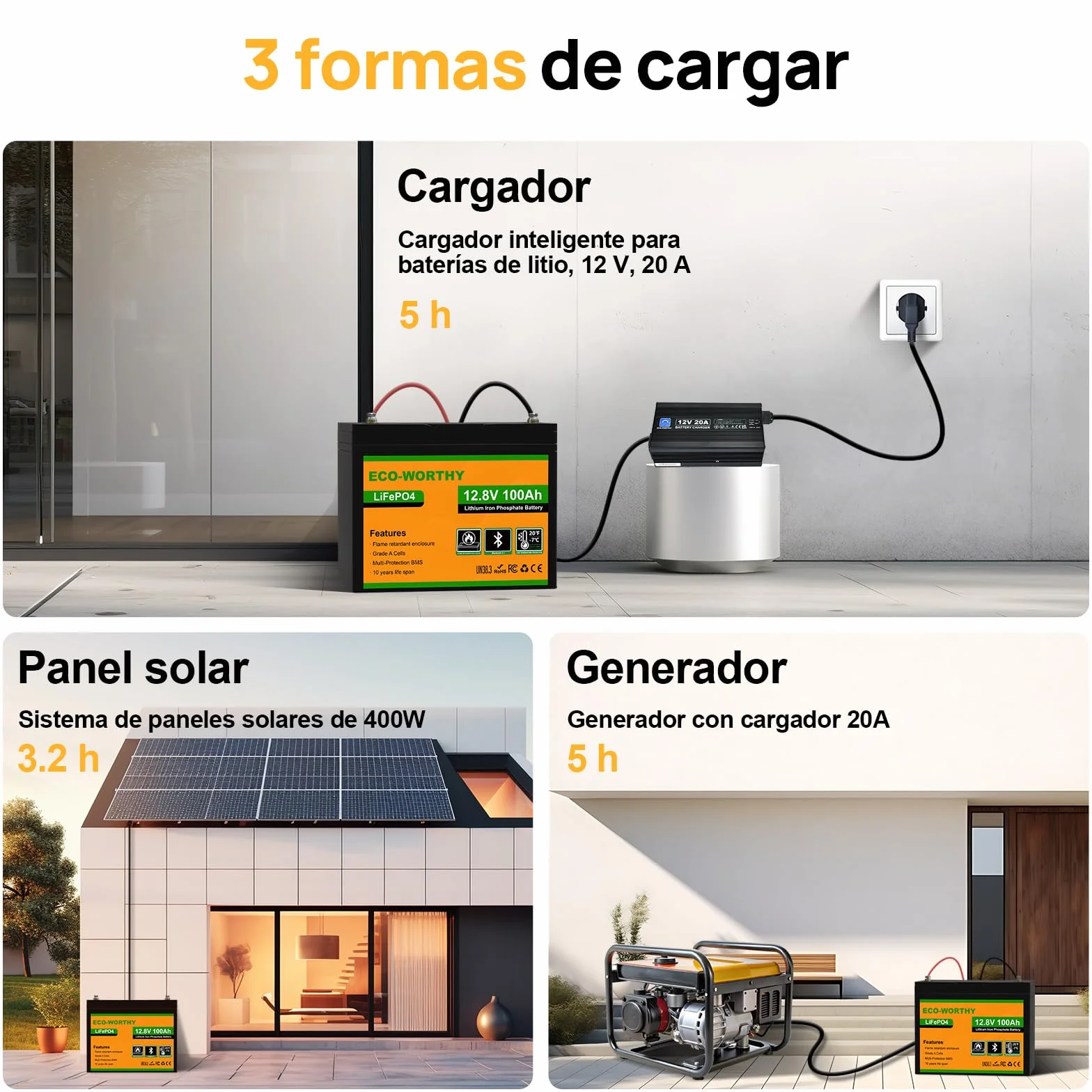 ECO-WORTHY Batería LiFePO4 12V 100Ah Bluetooth BMS Protección Baja Temperatura 1280Wh para Autocaravanas