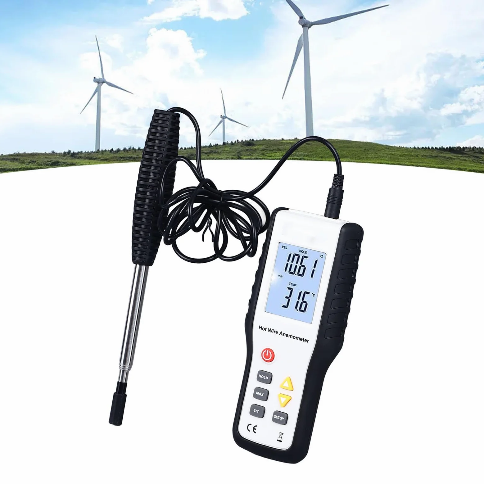 Anemómetro térmico de sonda extensible de 1000 mm con pantalla LCD retroiluminada - Medidor de temperatura y velocidad del viento portátil para medición del volumen de aire,