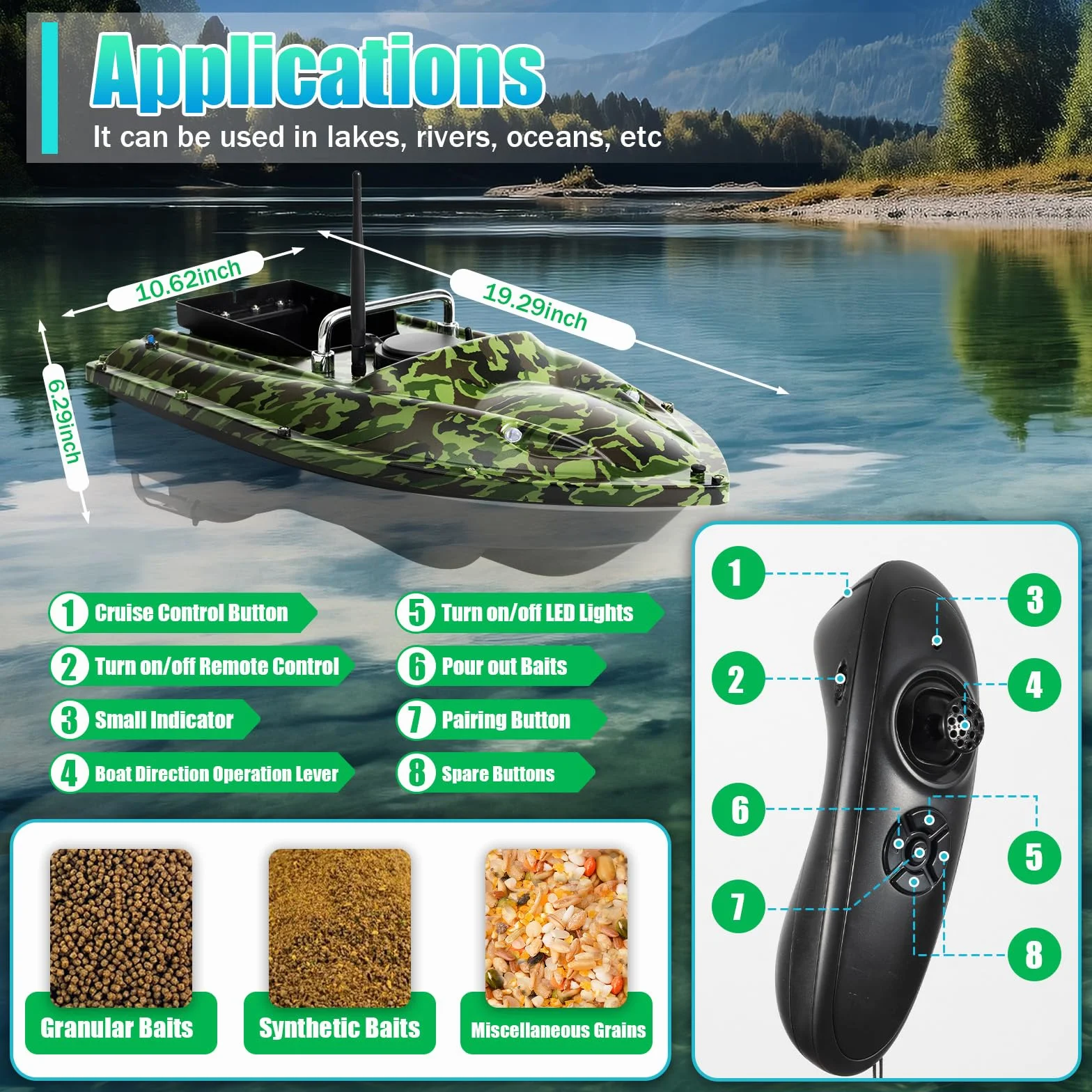 Barco teledirigido 500 m con ecosonda GPS carga 1,5 kg pesca nocturna crucero automático camuflaje