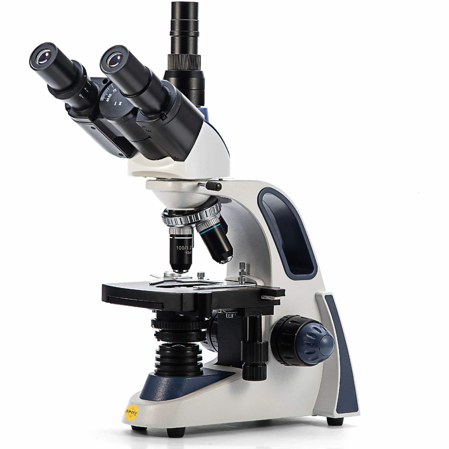 Swift SW380T 40X-2500X Ampliación, Cabeza Siedentopf, microscopio de Laboratorio Compuesto trinocular de Grado de investigación con oculares de Campo Ancho 10X/25X, Etapa mecánica, Enfoque Ultra