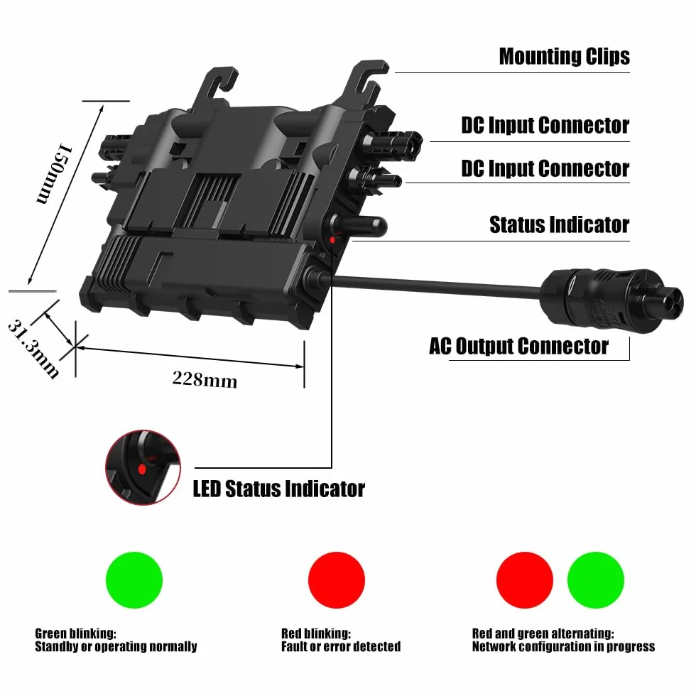EON-MI800S Microinversor de 800W, Dual MPPT, 16–60V DC, Control de la aplicación Mediante Wi-Fi, Plug & Play, IP67, Certificado VDE, Ligero, Ideal para Sistemas solares de balcón