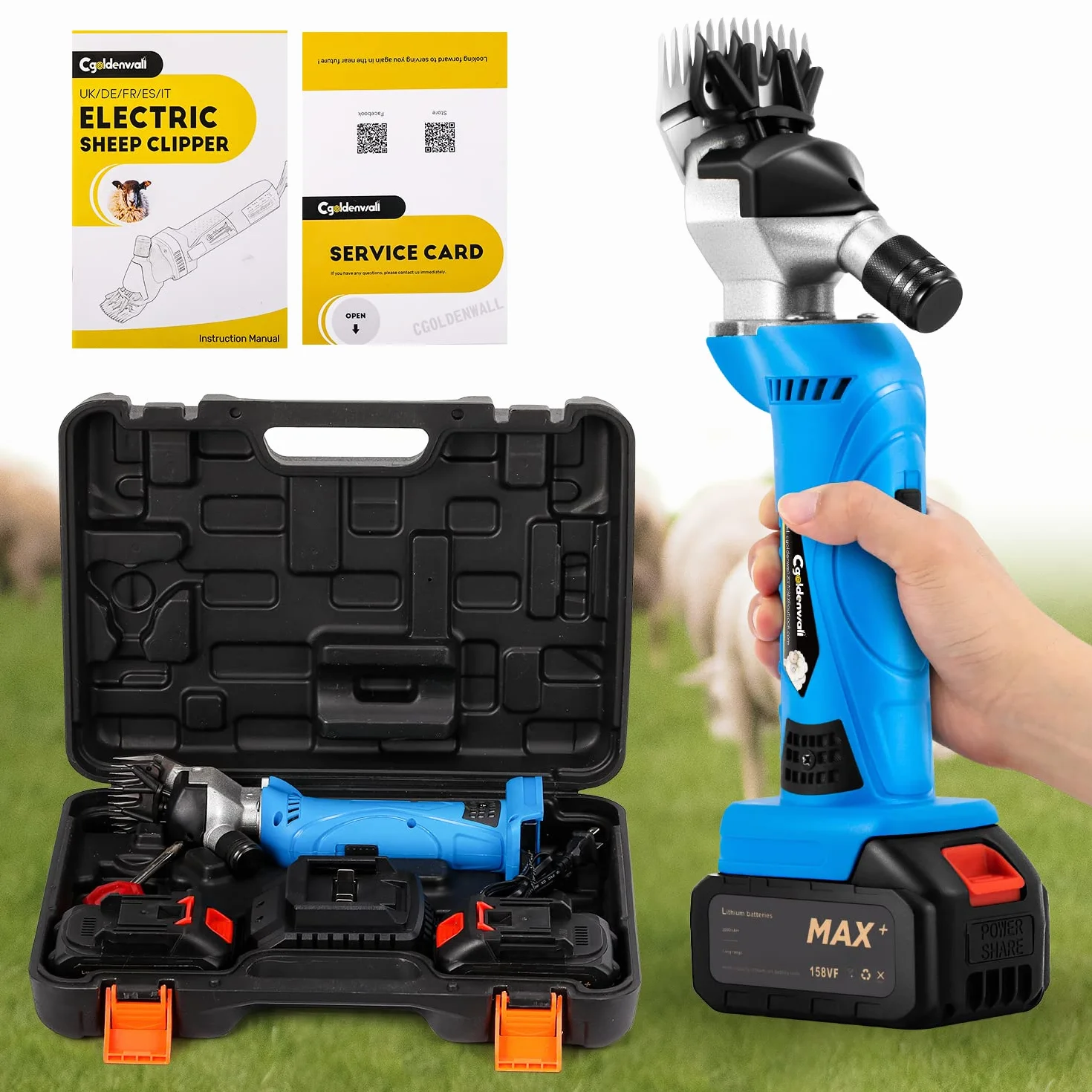 CGOLDENWALL Esquiladora para Oveja Inalámbrico 550W 2400RPM, con 2 Baterías de Litio Recargables 2000mAh, 6 Velocidades Ajustables, Cizalla para Cabra Alpaca Camello - Aceite lubricante Incluido