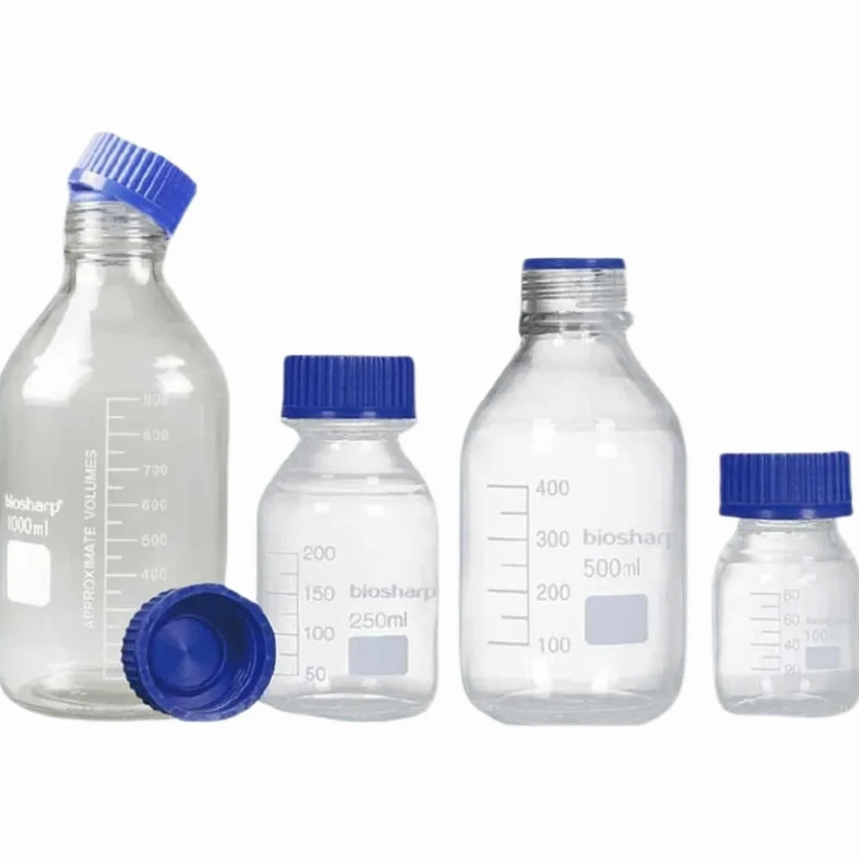 matraz de fondo redondo， Botella de reactivo de vidrio azul con tapón de rosca azul, cristalería de laboratorio, 100-1000 ml(500ml)