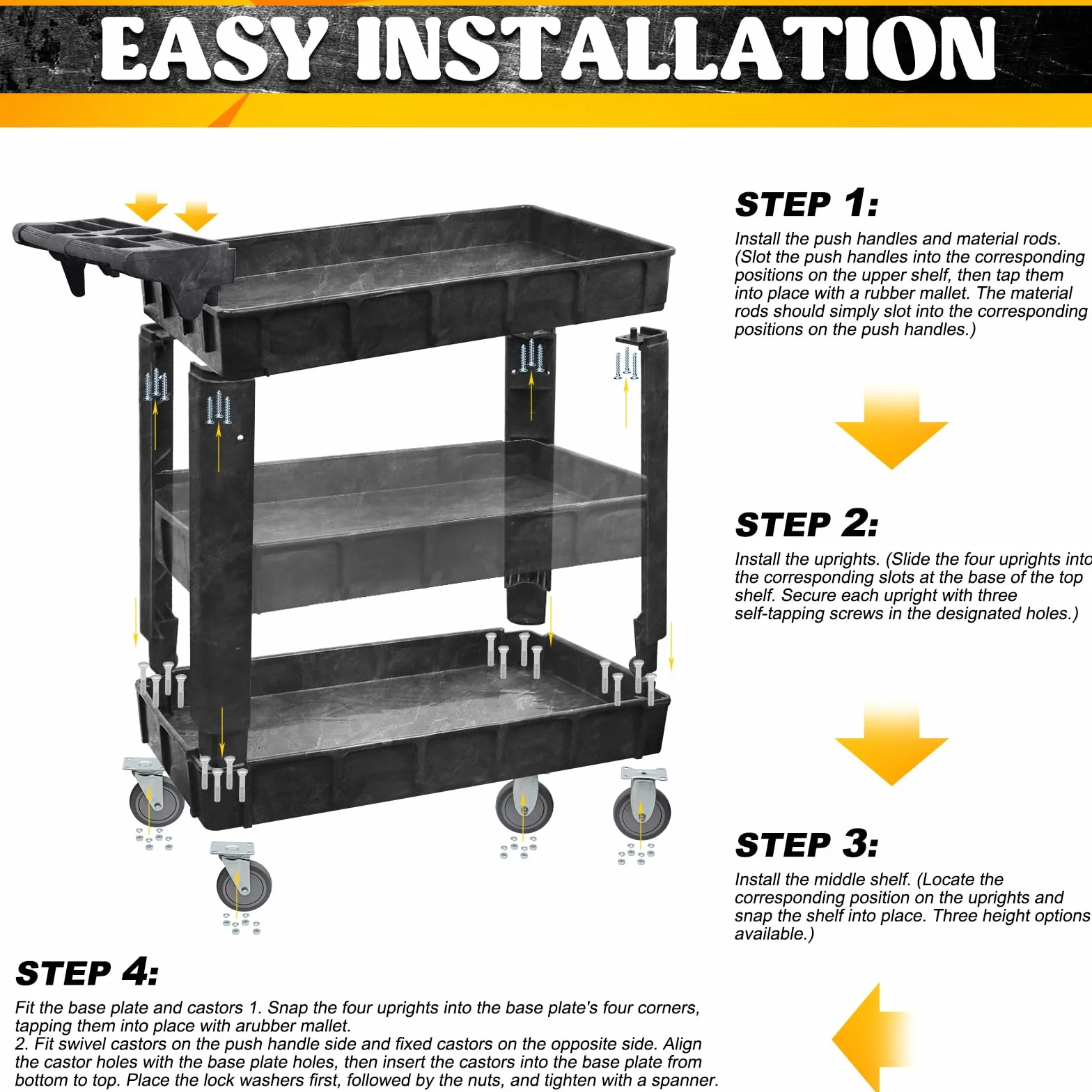 Carro de Taller de 3 Niveles (103×44×85 cm), Capacidad 250 kg – estantes Ajustables, Ruedas giratorias y Mango con Compartimentos – mazo de Goma Incluido