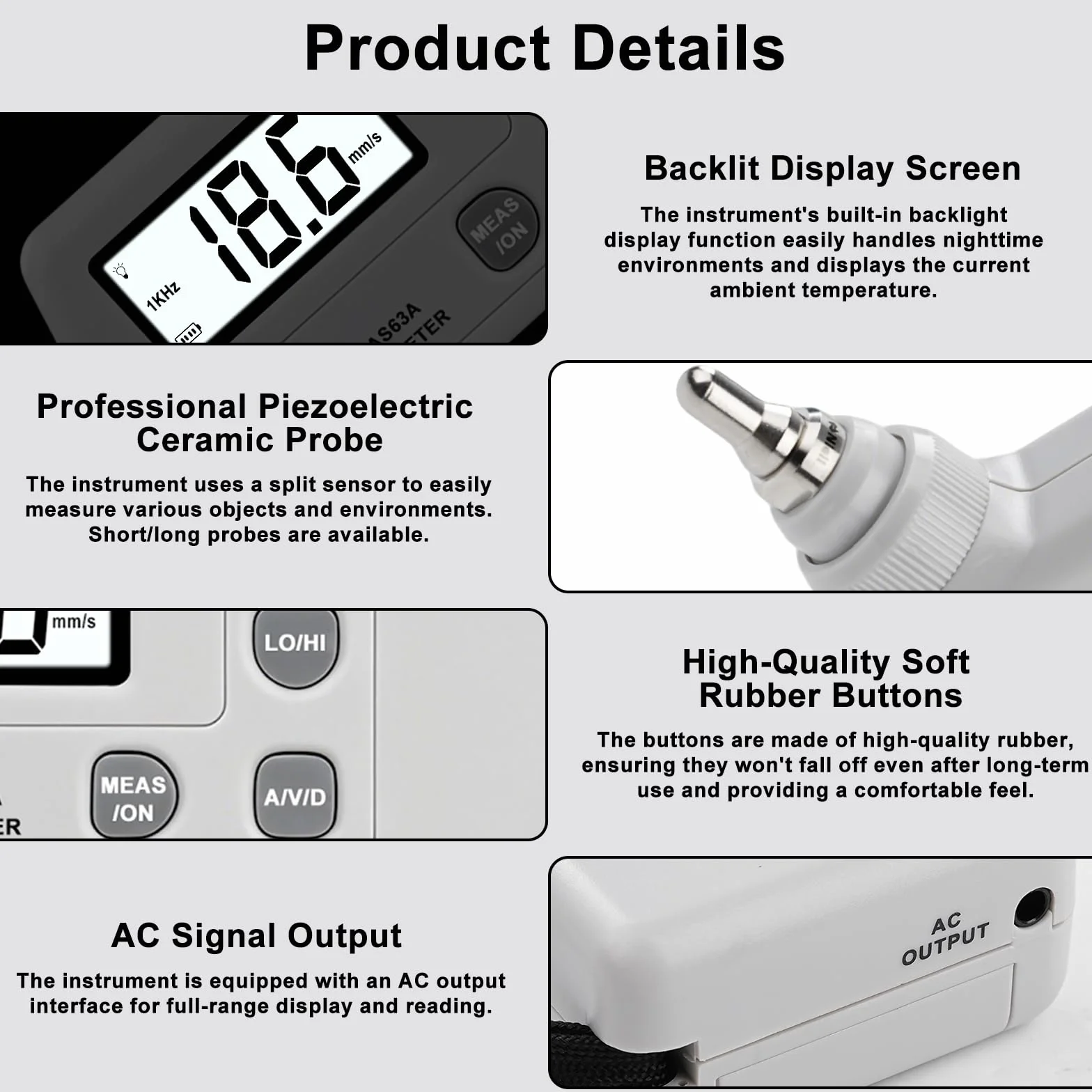 AS63A Medidor de Vibraciones, Medidor Digital de Vibracion,Analizador de Vibraciones con pantalla LCD Medición de aceleración,velocidad y desplazamiento,para Industria,Construcción,Automoción