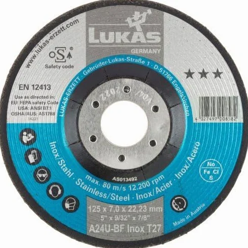 LUKAS ERZETT 10 discos de desbaste T27 para acero inoxidable 125 x 7 mm, para amoladora angular, A24U-BF, 13 x 13,5 x 10 cm