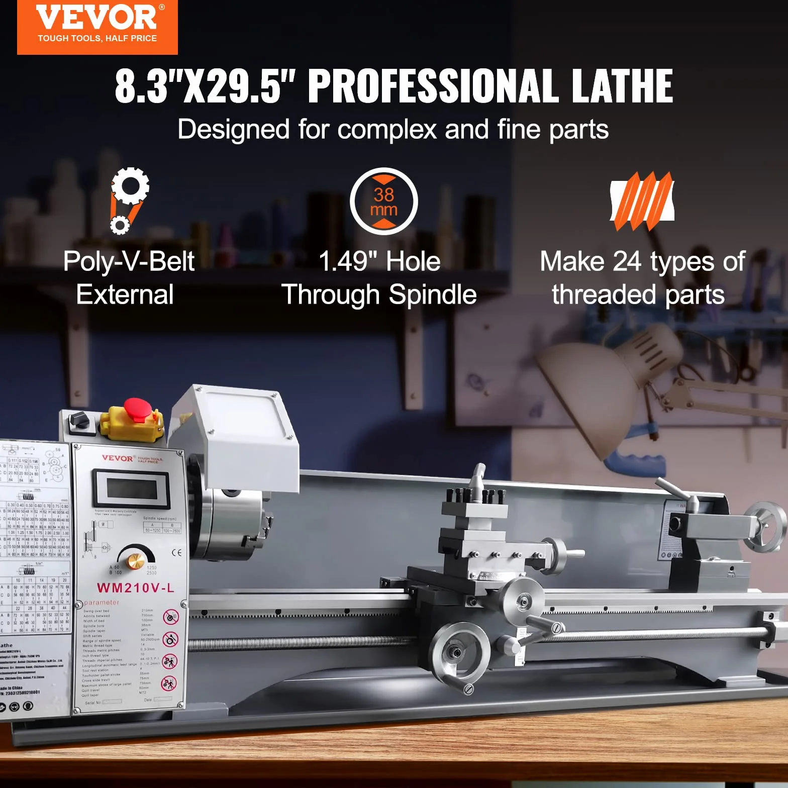 VEVOR Torno de Metal 8,3"x29,5" Torno de Metal de Sobremesa 50-2500 RPM Velocidad Variable Continua 750 W sin Escobillas Engranajes de Metal con Caja de Herramientas para Procesamiento de Precisión