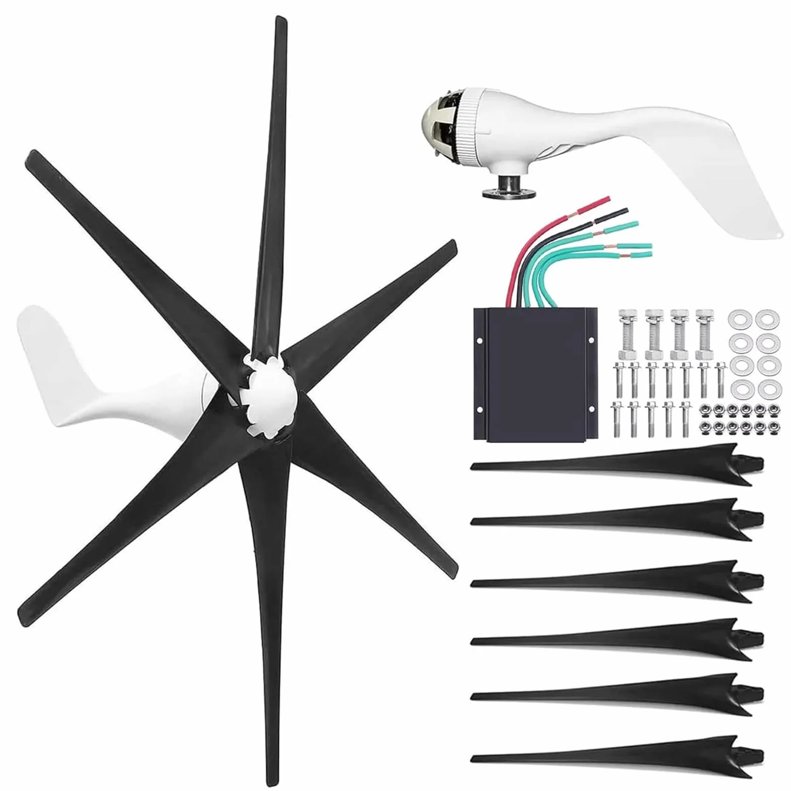 Kit de Generador de Turbina Eólica de 1500W 12V 24V 48V con 6 Aspas, Generador de Turbina Eólica para Baja Velocidad de Viento con Controlador MPPT para Uso Exterior/Calles/Barcos