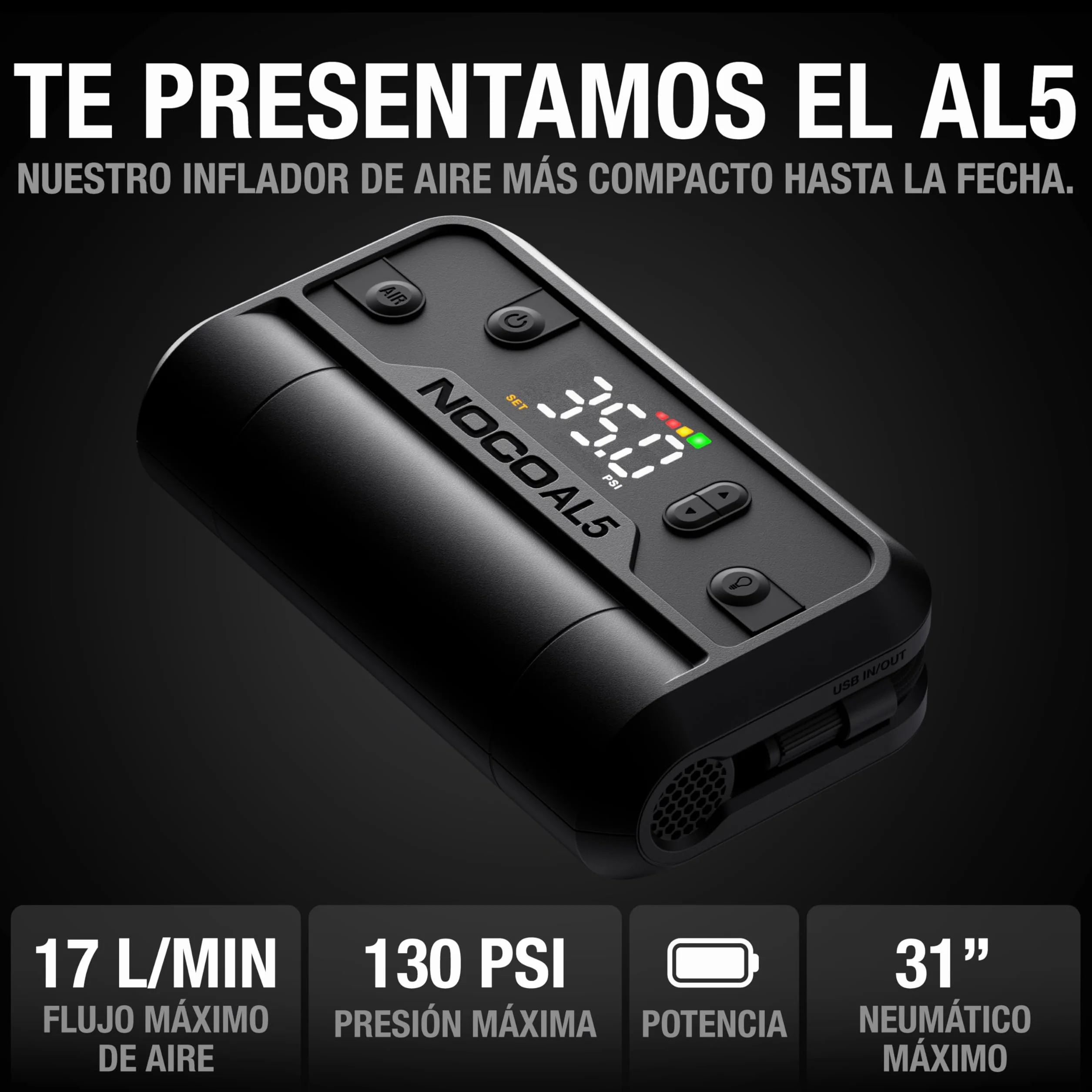 NOCO Air AL5 Inflador de neumáticos inalámbrico 5A Compresor de aire portátil a batería 17 SLPM 0-40 PSI 7 min Manómetro digital Apagado automático