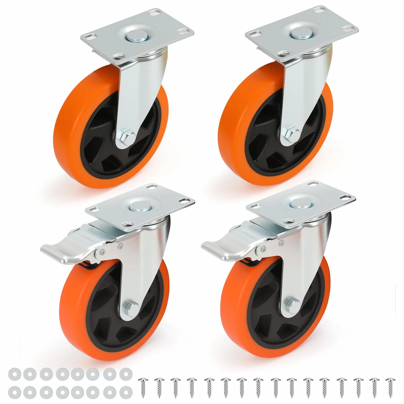 Juego de 4 Ruedas giratorias de Alta Resistencia de 4 Pulgadas, 2 giratorias + 2 con Freno, Color Naranja PU.