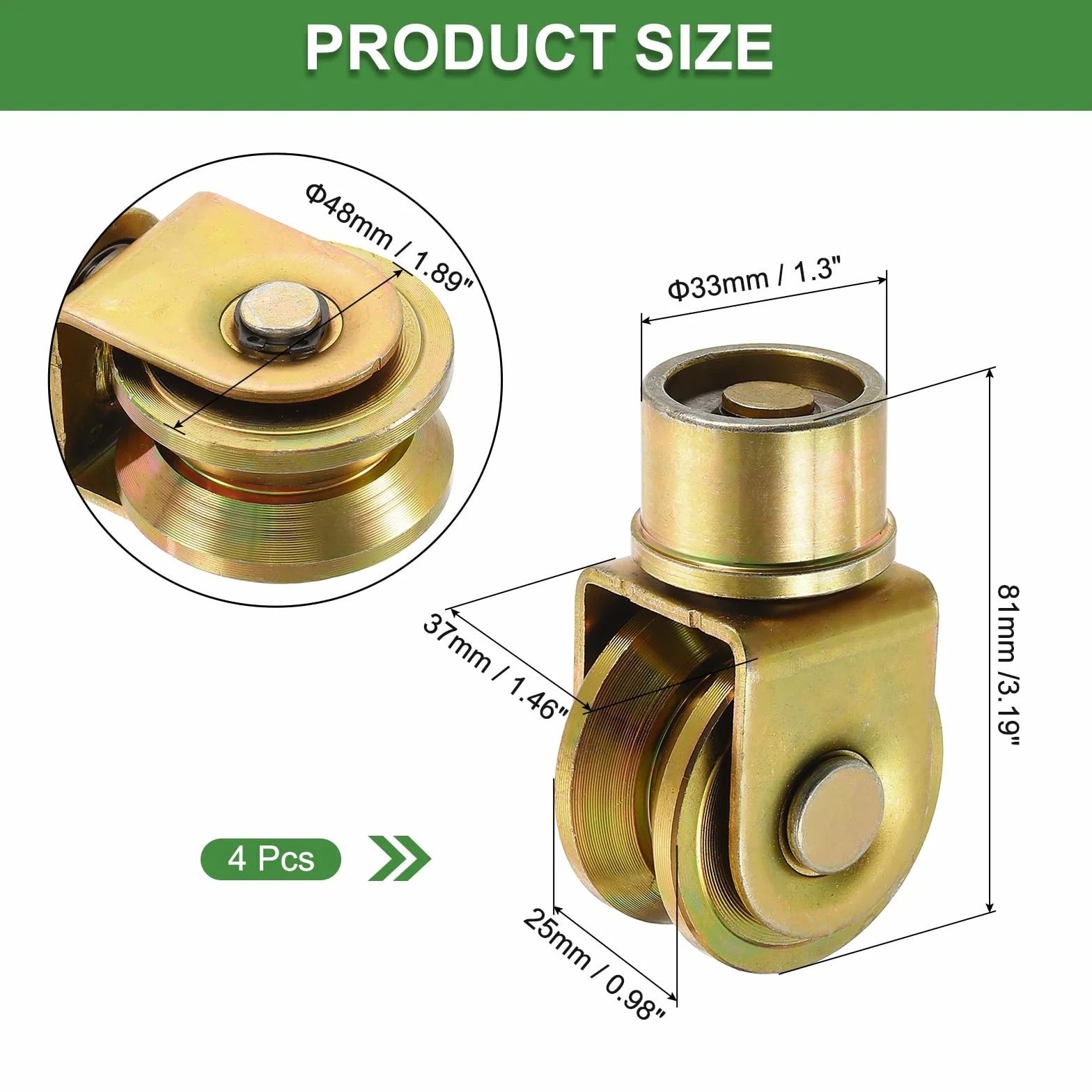 Ruedas de puerta corredera de 1.9 pulgadas, 4 unidades polea giratoria 360° ranura en V soporte riel, máquina industrial dorado