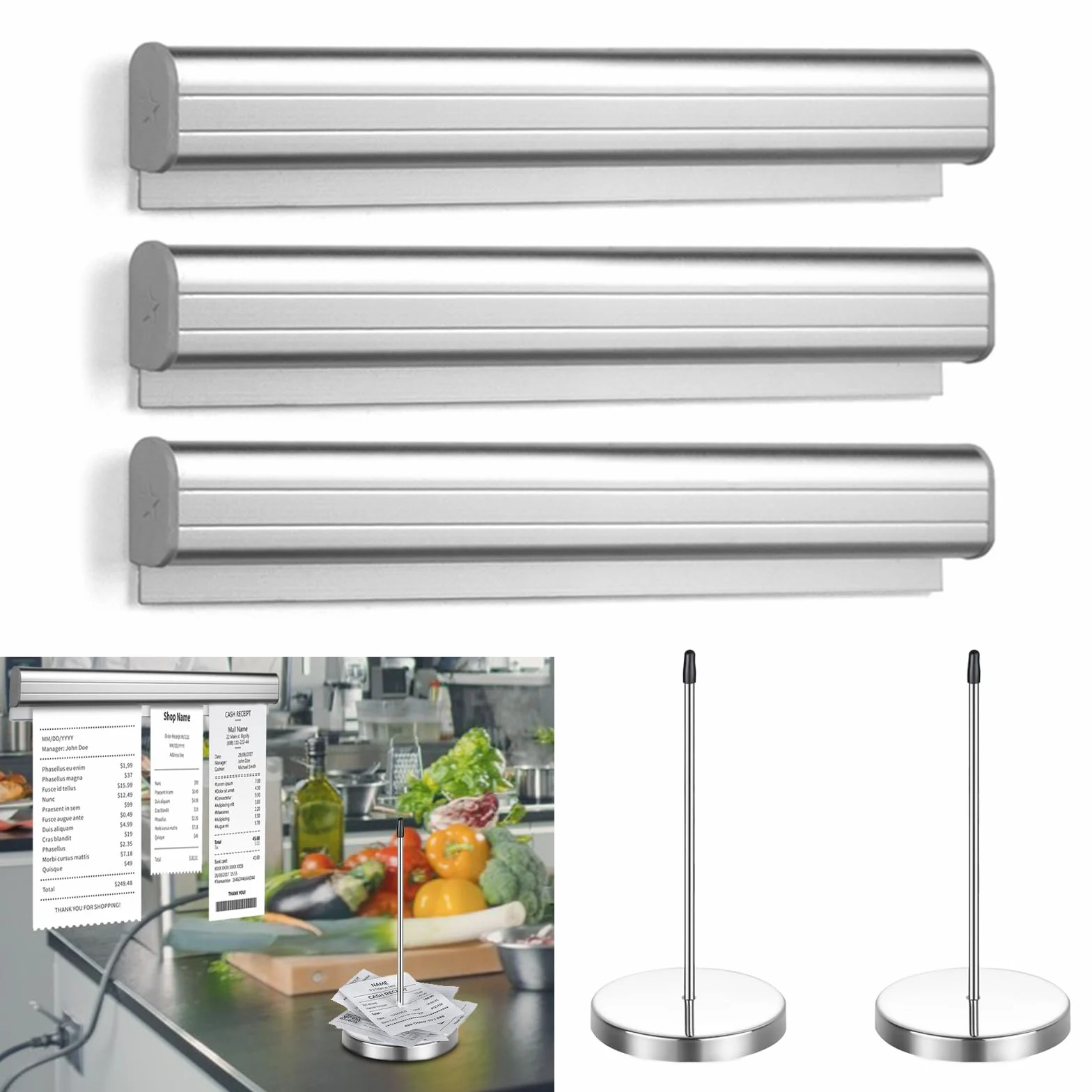 Soportes para Recibos de Pedidos de Aluminio 40 cm, Equipo de Oficina, 2 Soportes para Notas, Barra Recta