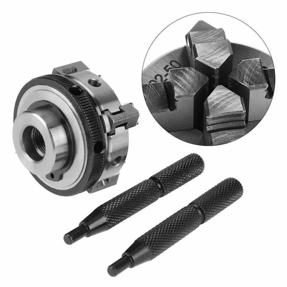 50mm Mini 4 mordazas Reversible autocentrante M14 Thread Mount Torno Chuck manual K02-50 con 2 piezas Barra de bloqueo