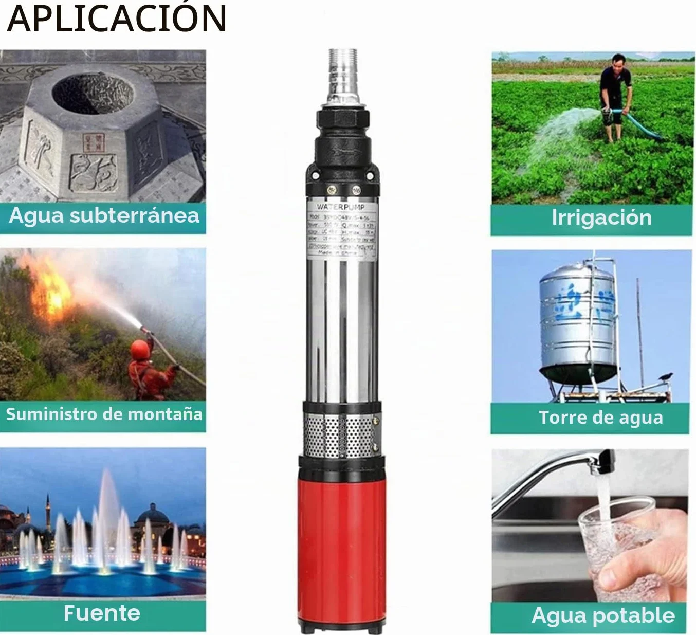 bomba de pozo profundo Ascensor 35m Bomba de agua sumergible de acero inoxidable de tubo de 3 pulgadas 1 en salida 300W 24V Bomba sumergible solar de DC para Piscina Riego Agrícola Jardín
