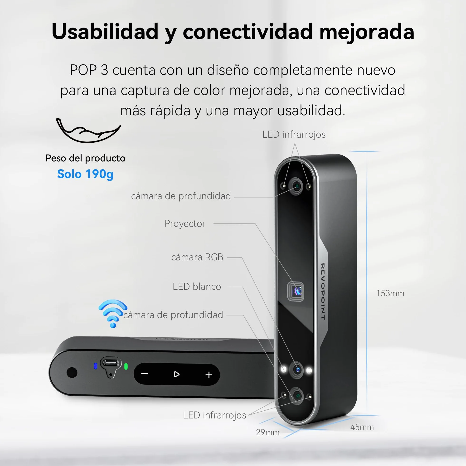 Revopoint POP 3 Escáner 3D portátil para impresora 3D, datos de color, precisión de 0,05 mm y velocidad de escaneado de hasta 18 FPS, compatible con móviles y portátiles, actualización 2023-Estándar