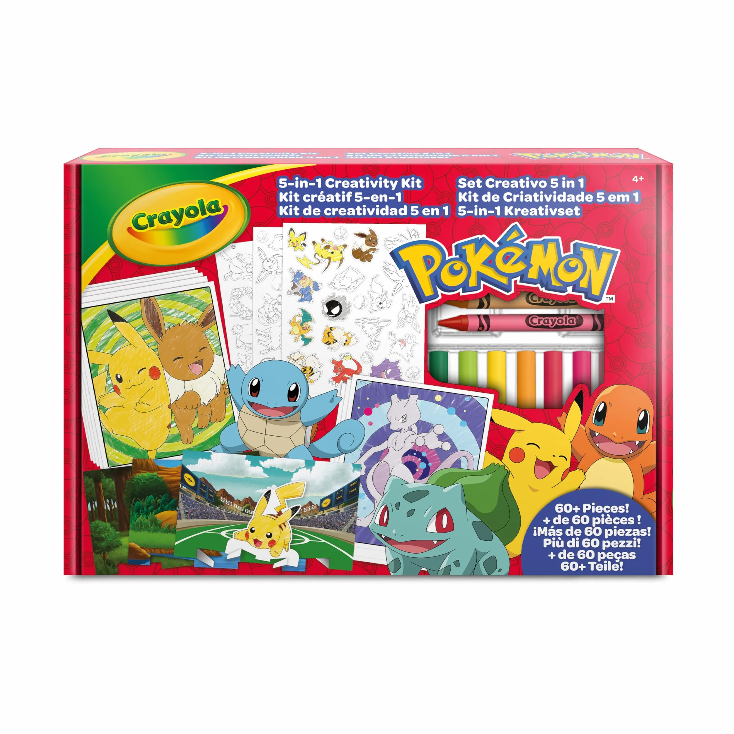CRAYOLA Set Creativo Pokémon 5 en 1, 60 piezas, Rotuladores, Crayones, Pegatinas, Regalo niños 4+