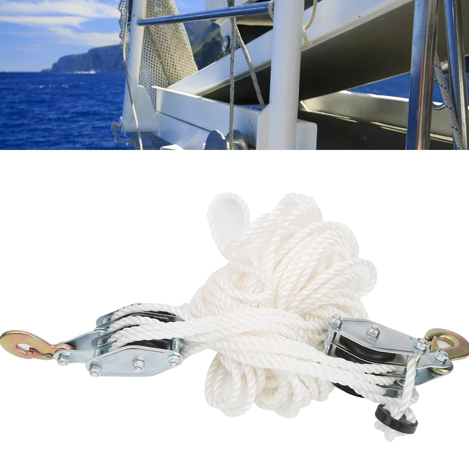 Polea resistente de 4000 libras con gancho de acero y cuerda de nailon multihebra para levantar objetos de manera eficiente. Ideal para garaje de carga y uso industrial