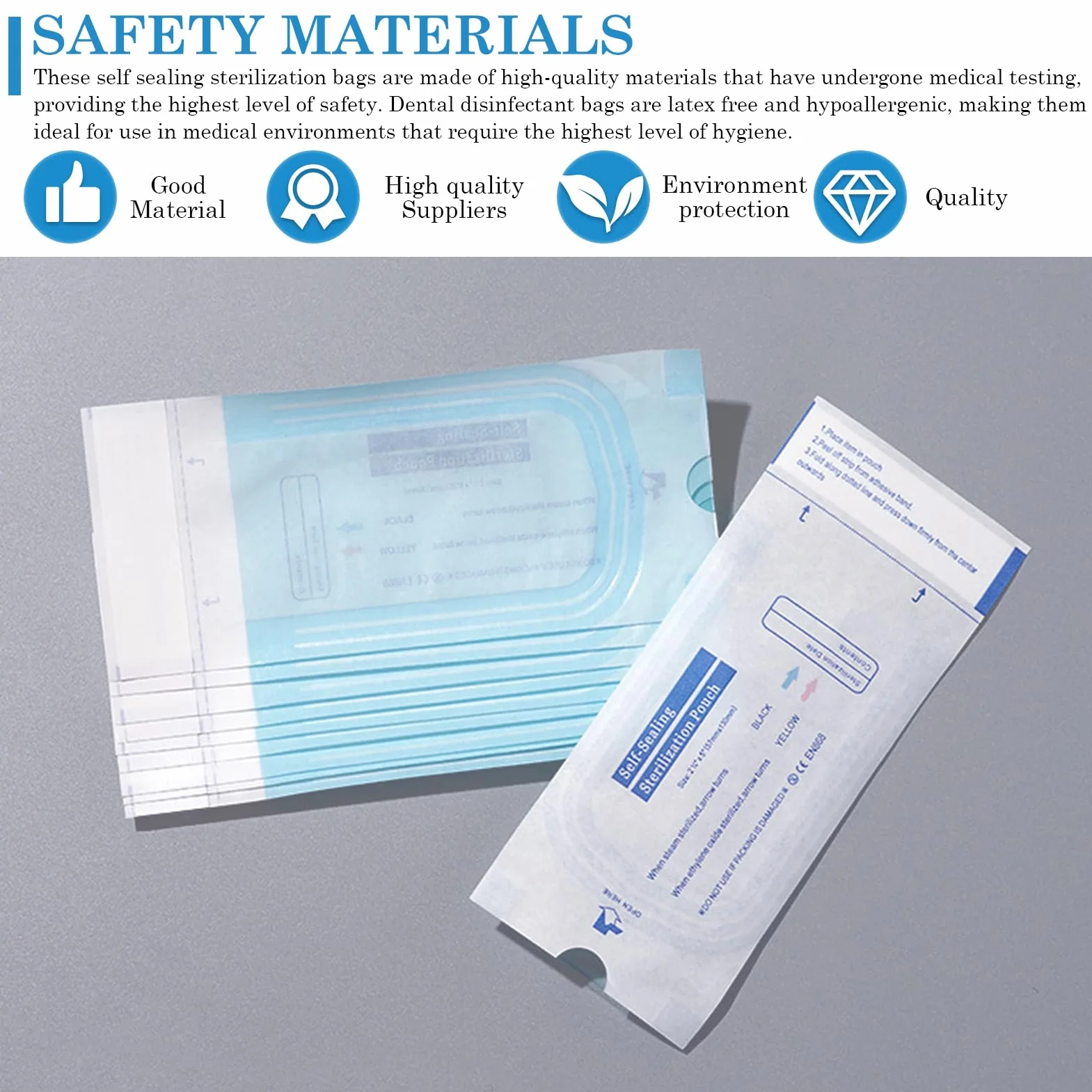 Bolsa Autosellante para Esterilización 90x260mm Desechable para Herramientas Dentales