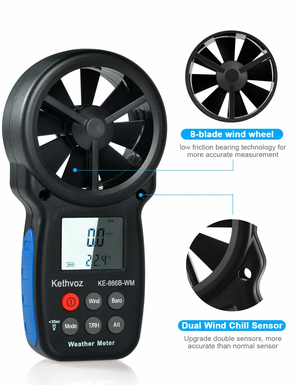 Anemómetro Digital Kethvoz KE-866B-WM Medidor de Viento con Barómetro, Altímetro y Medición de Humedad