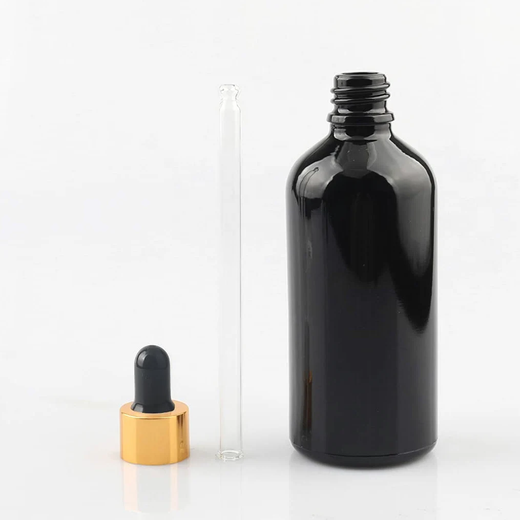 24 Piezas Negro Frasco Cuentagotas Cristal 100ml, Botellas Cuentagotas Vacío con Pipeta de Vidrio Oro/Negro, para Fragancias de Arorapia de Aceites Esenciales, Masaje, Viaje