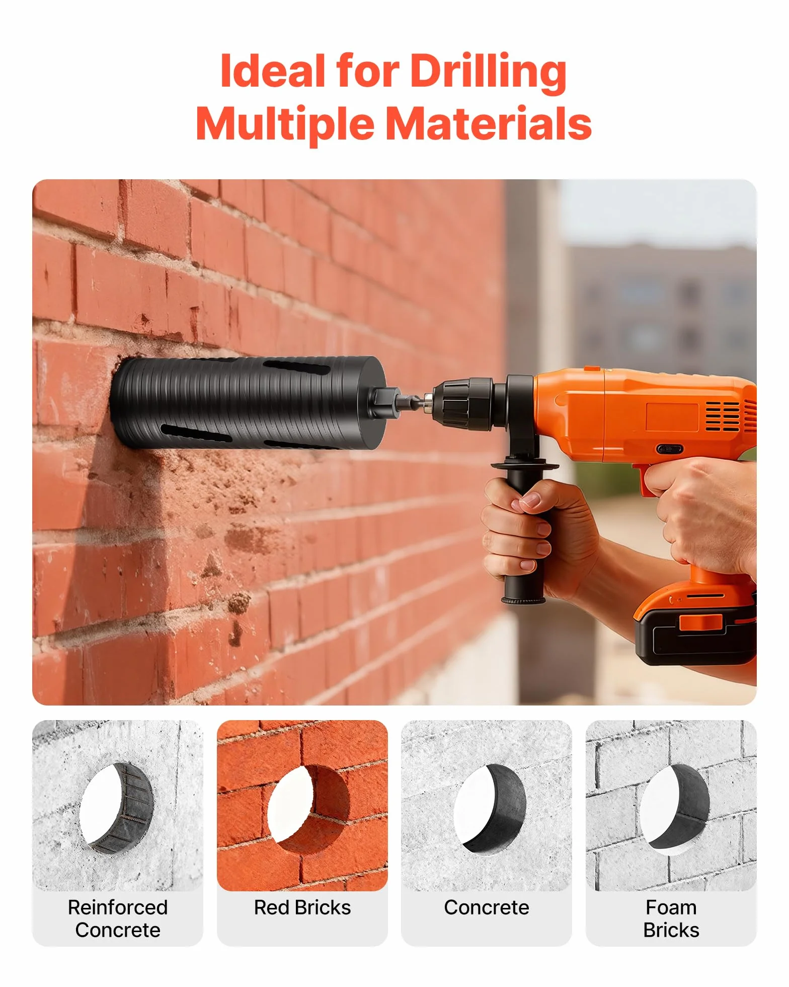 VEVOR Broca de Corona para Perforación en Seco, 102 mm Diámetro, 241 mm Profundidad, Rosca Interna M16, con 3 Adaptadores, Broca Piloto, Llave Hexagonal a Hormigón Armado, Ladrillo y Mampostería